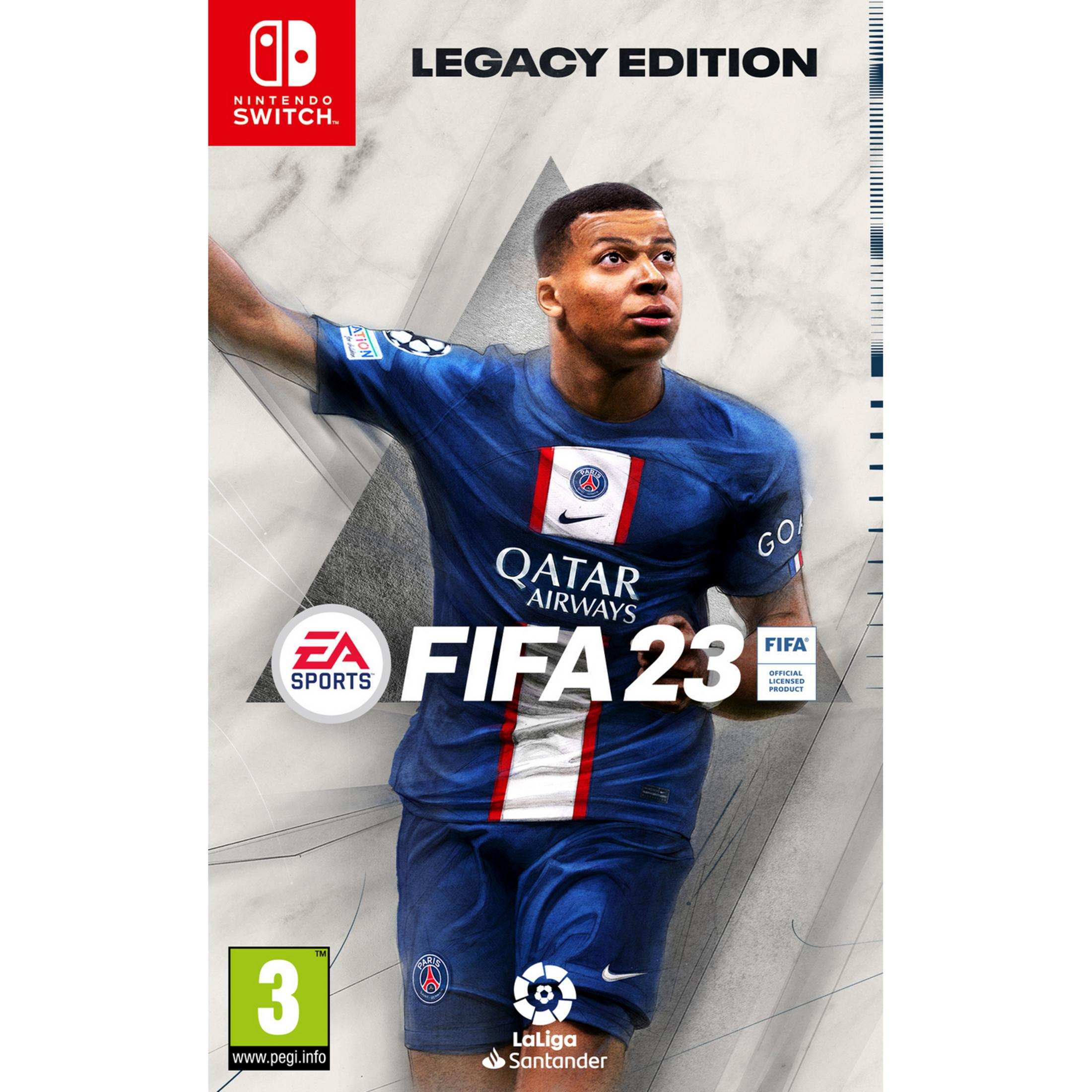 Portada de FIFA 23 Legacy Edition con Kylian Mbappé con camiseta azul del PSG.