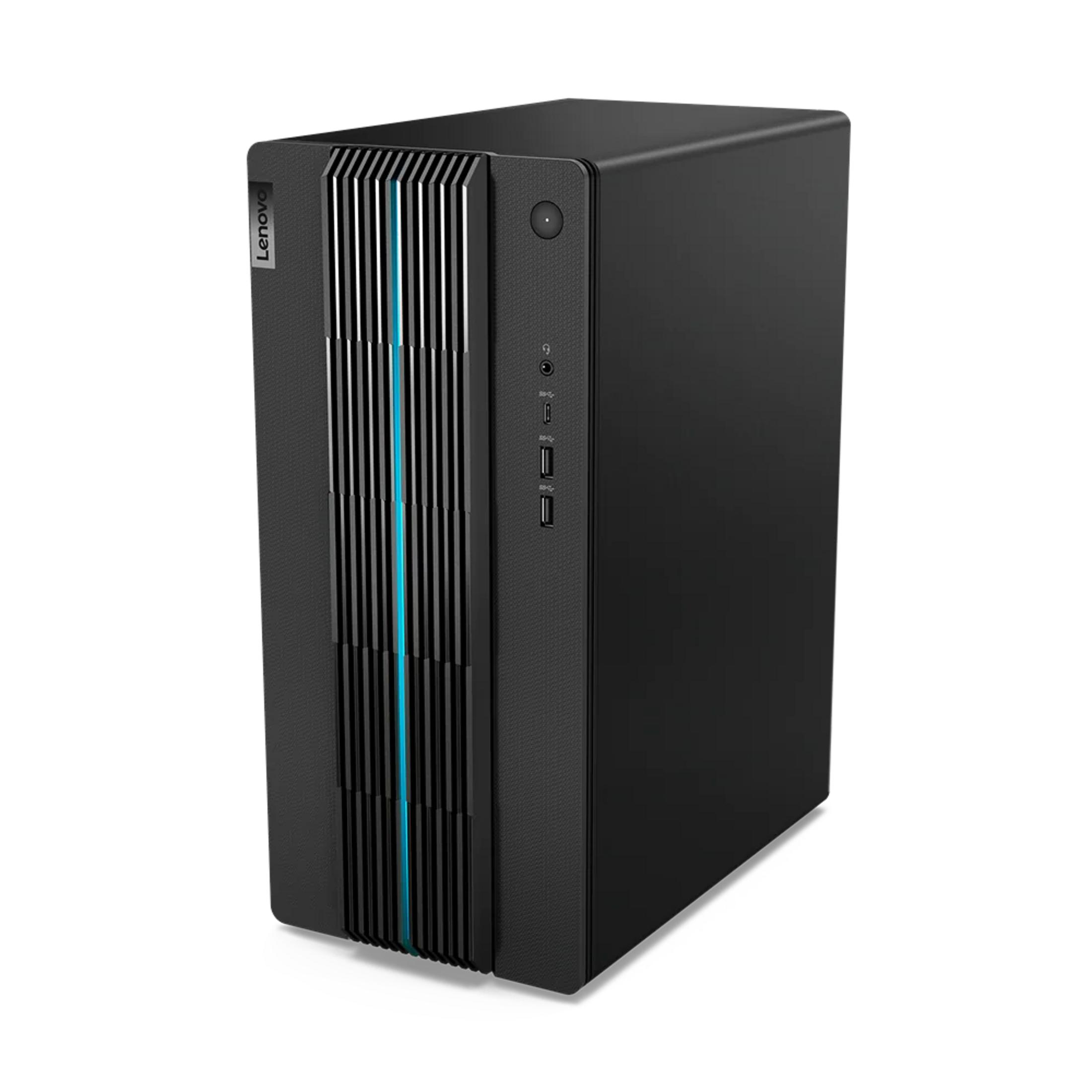 Tower PC Lenovo nero con prese d'aria verticali e striscia blu.