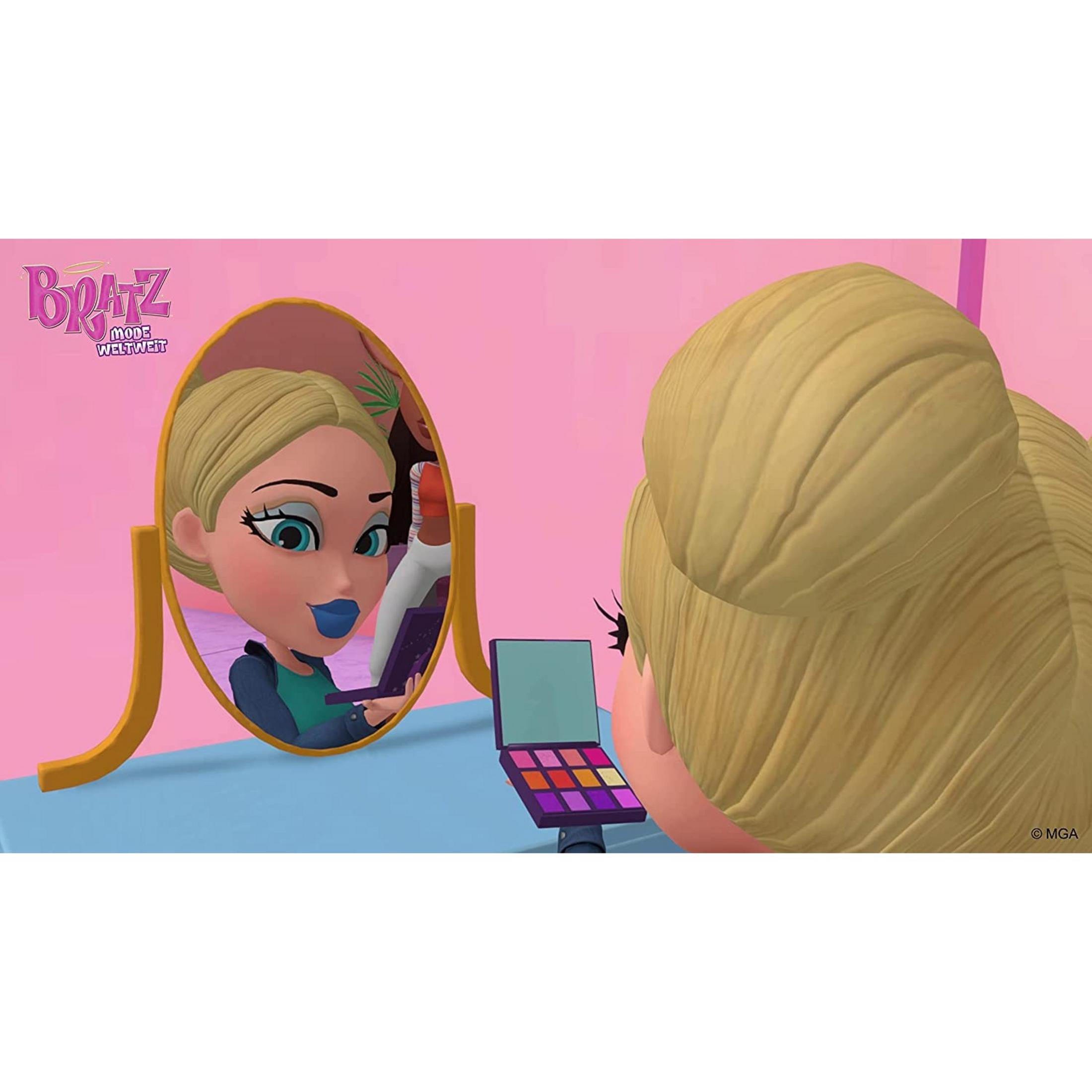 Een tekenfilmmeisje met blond haar brengt make-up aan voor een spiegel.