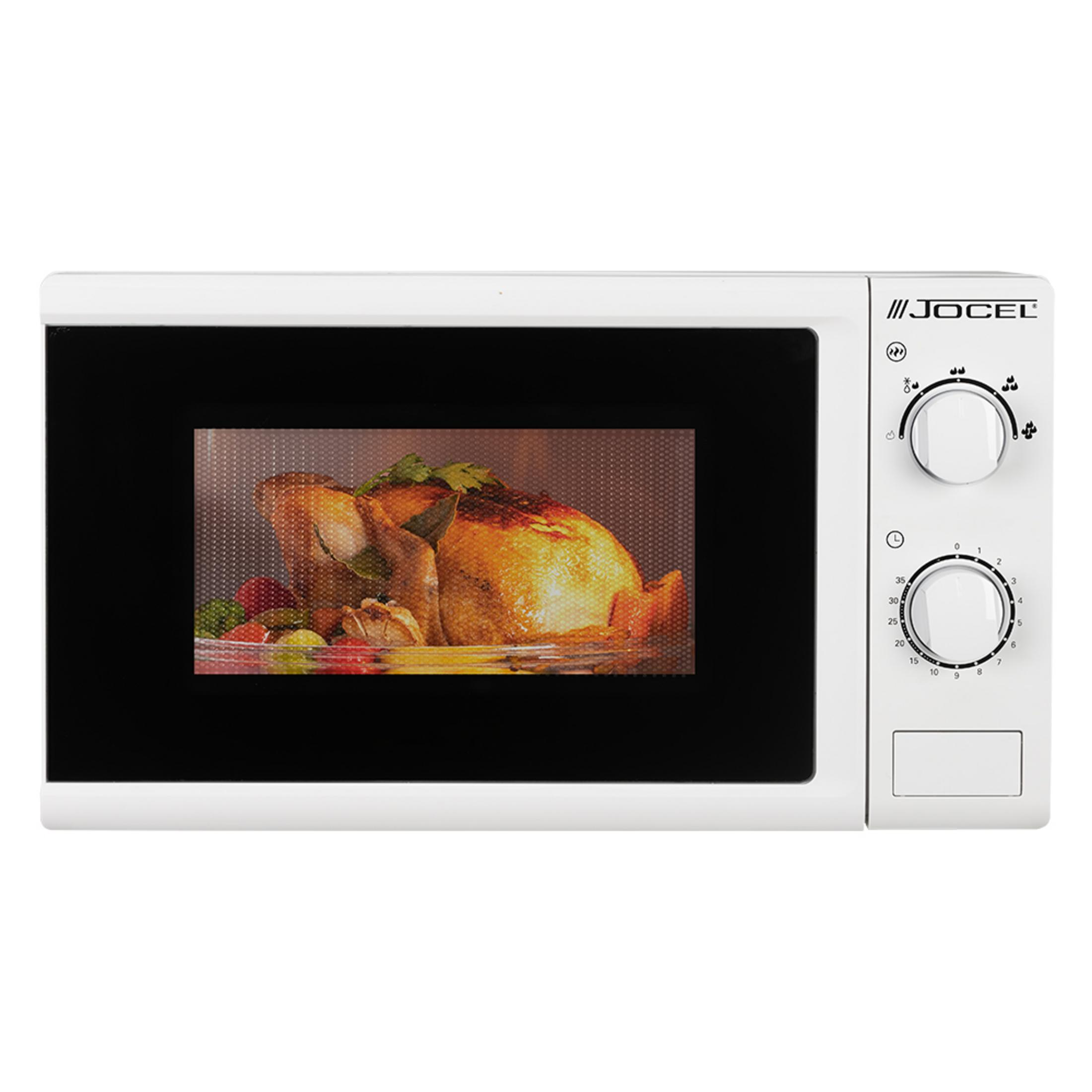 Un microondas blanco que muestra un pollo asado y verduras en su ventana.