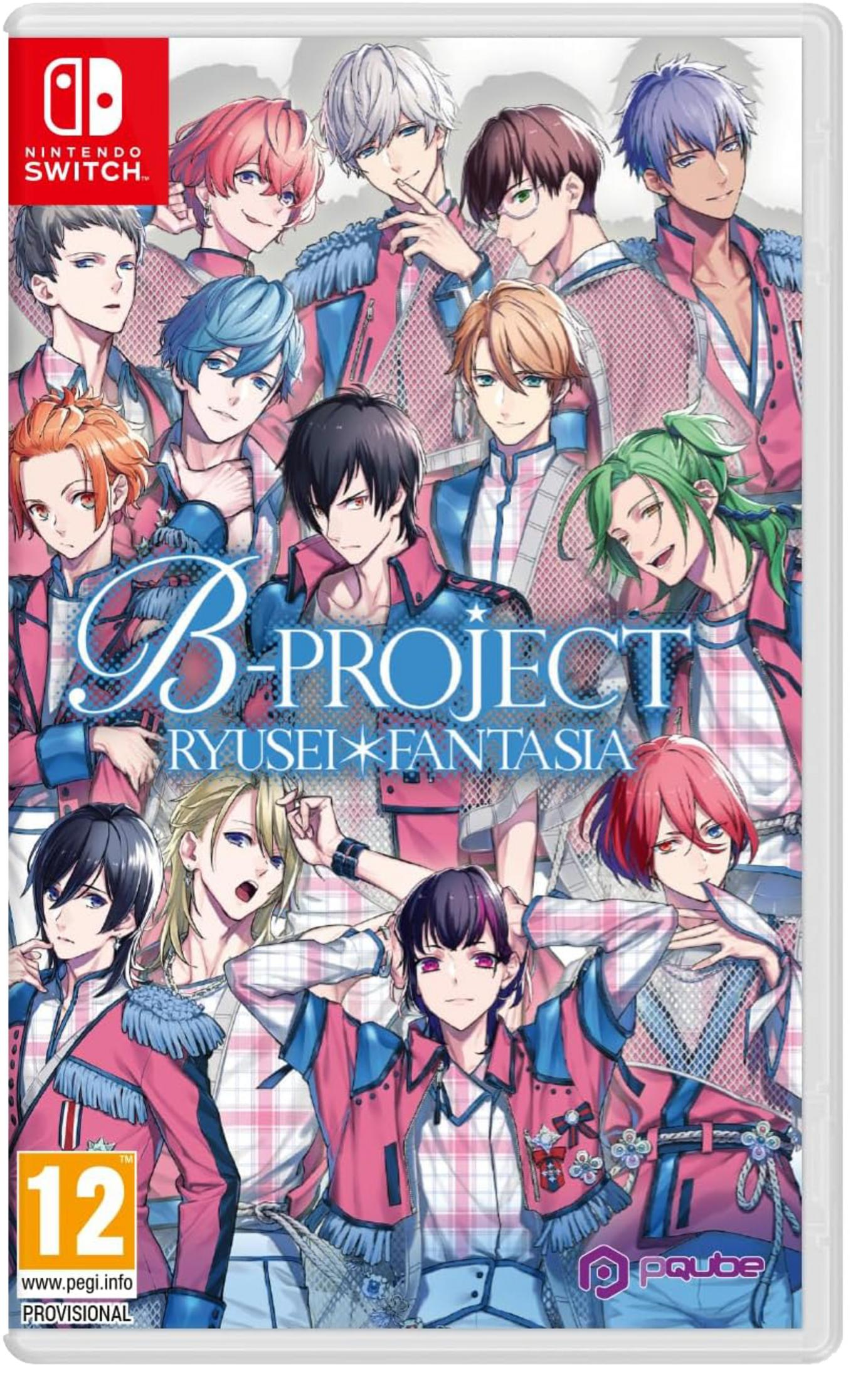 Portada de juego Nintendo Switch con chicos anime en trajes rosas y azules. PEGI 12.