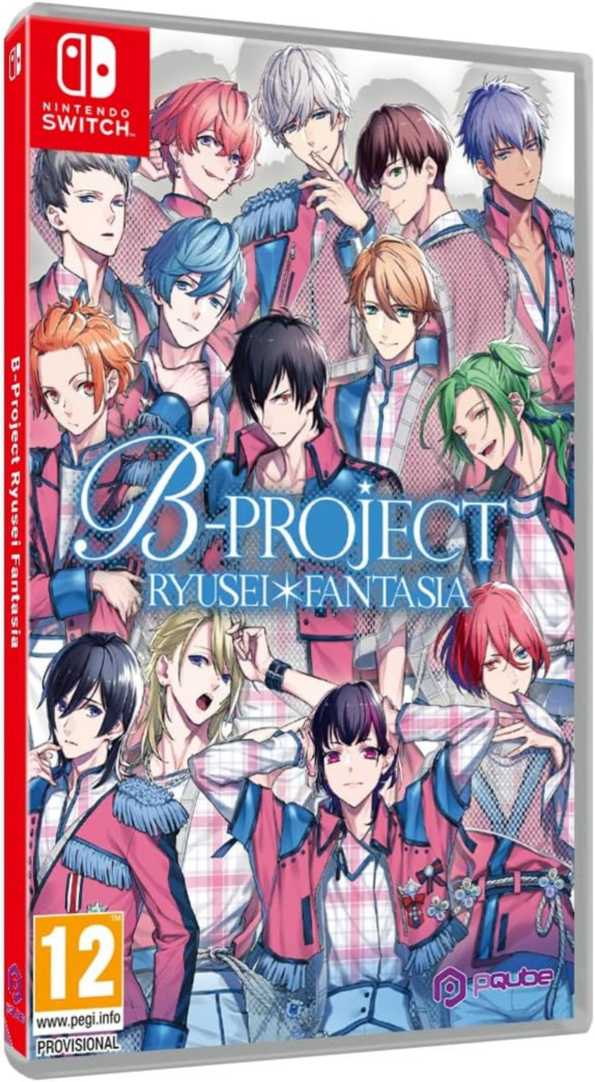 Caja de juego de Nintendo Switch con chicos de anime en uniformes rosas y azules.