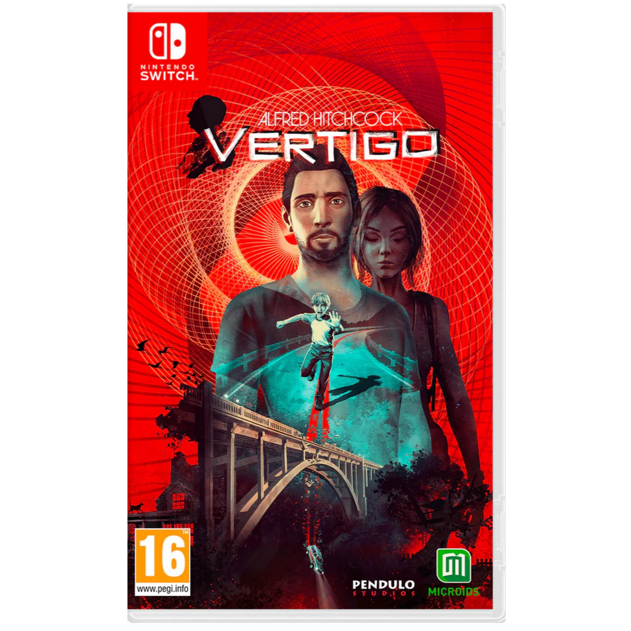 Copertina gioco Switch: Uomo, donna, ragazzo su ponte, auto che cade, spirali rosse.
