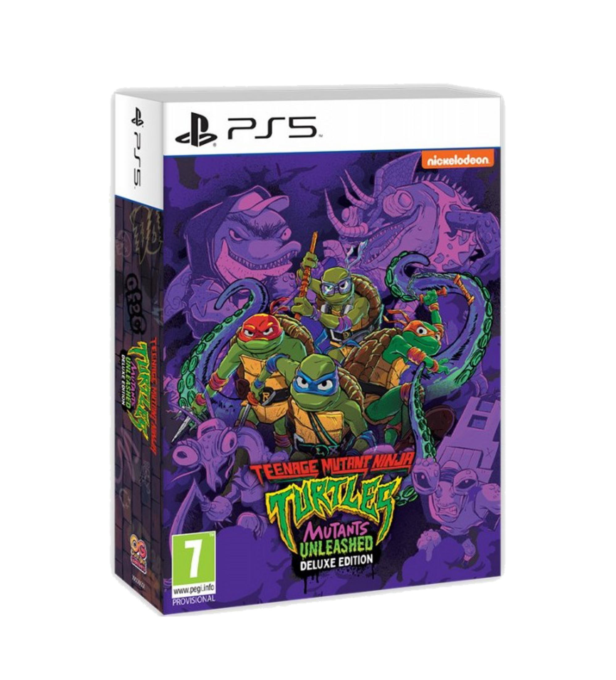 Confezione gioco PS5 con artwork TMNT e classificazione Pegi 7.