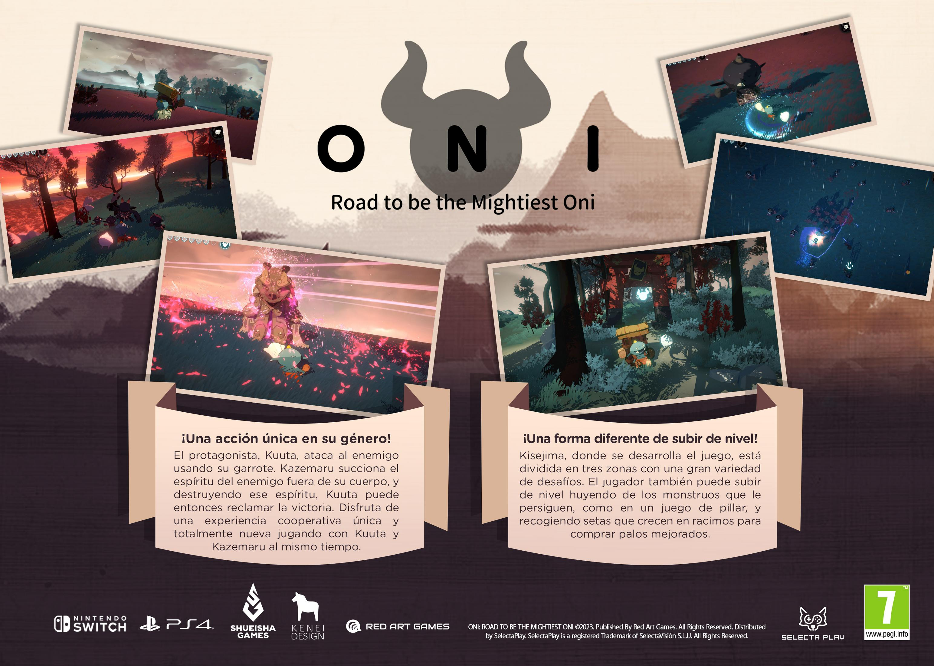 Captures d'écran du jeu Oni: Road to be the Mightiest Oni montrant des personnages et des paysages.