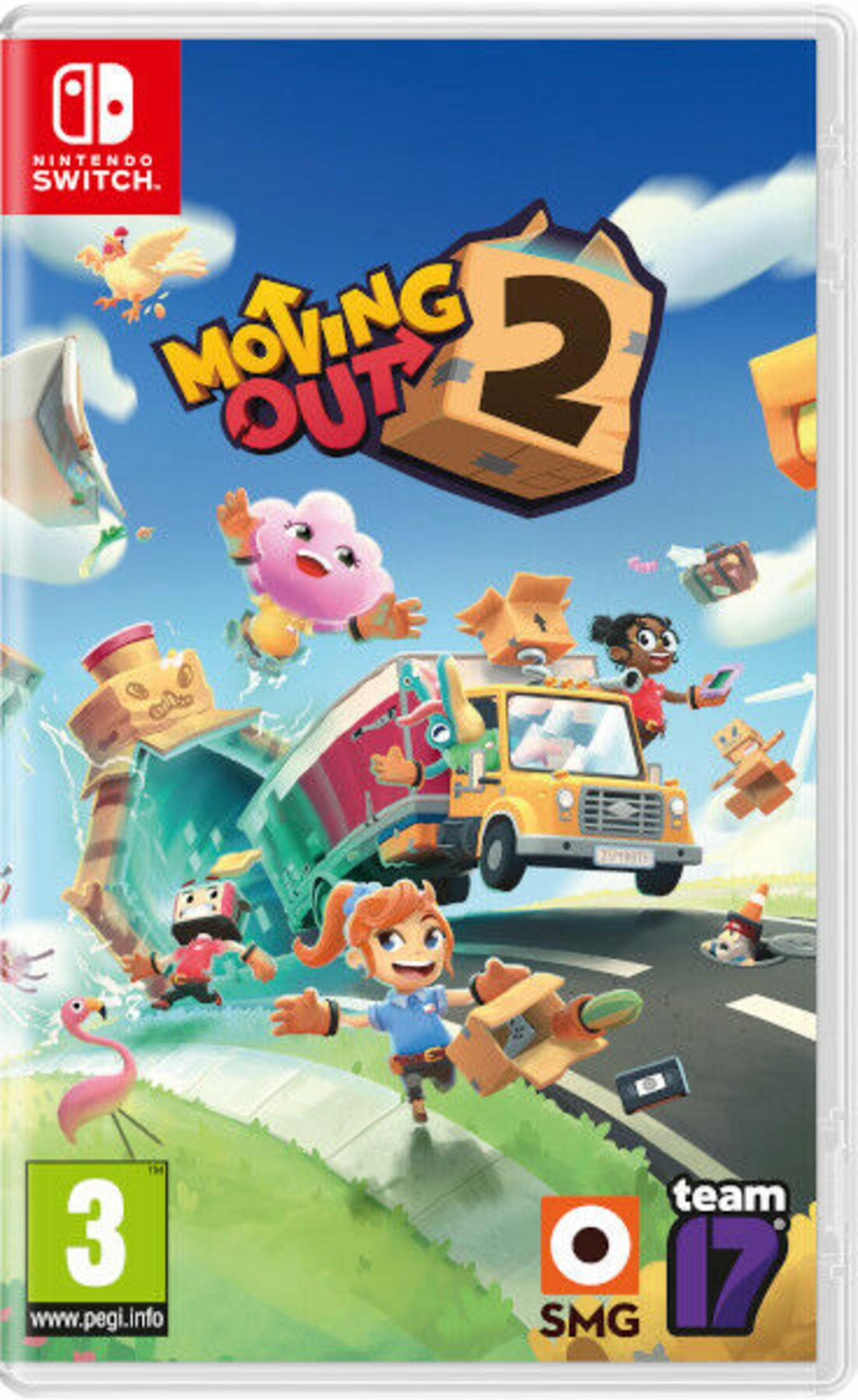 Copertina del gioco Moving Out 2 con personaggi che caricano scatole in una casa.