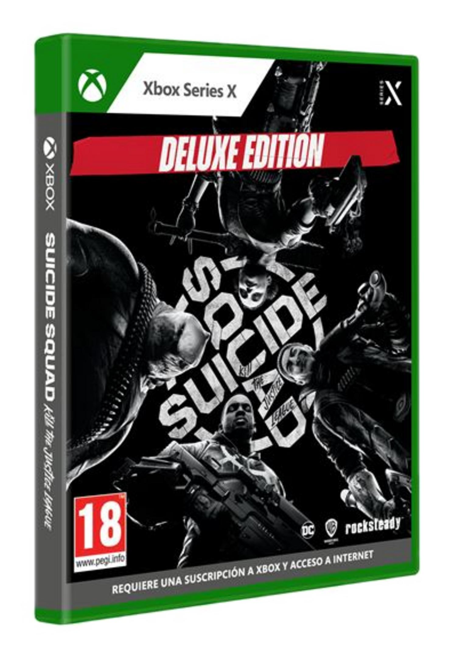 Portada del juego Xbox Suicide Squad: Deluxe Edition con personajes DC, 18+.