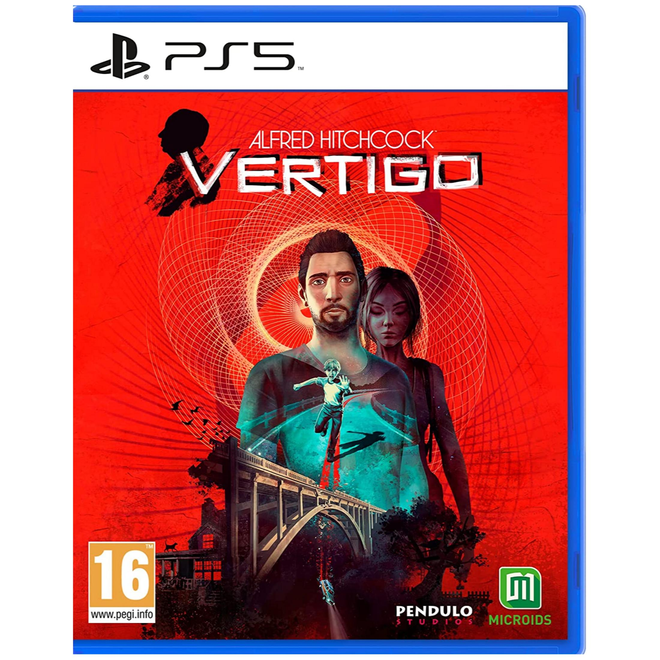 Copertina gioco PS5: Uomo, donna, bambino su ponte, casa, auto che cade, spirale rossa.