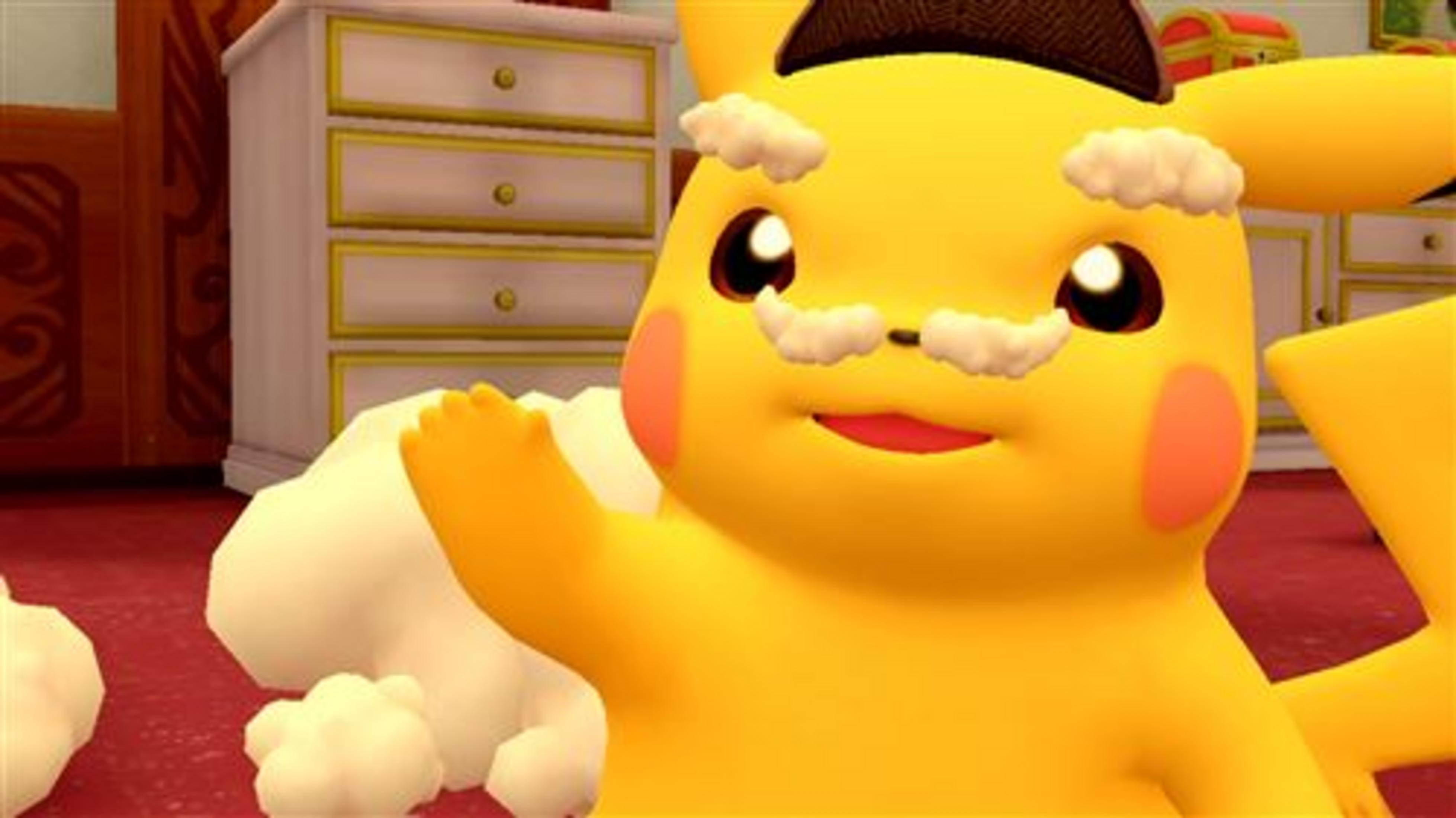 Pikachu con accenti bianchi e soffici sul viso saluta.