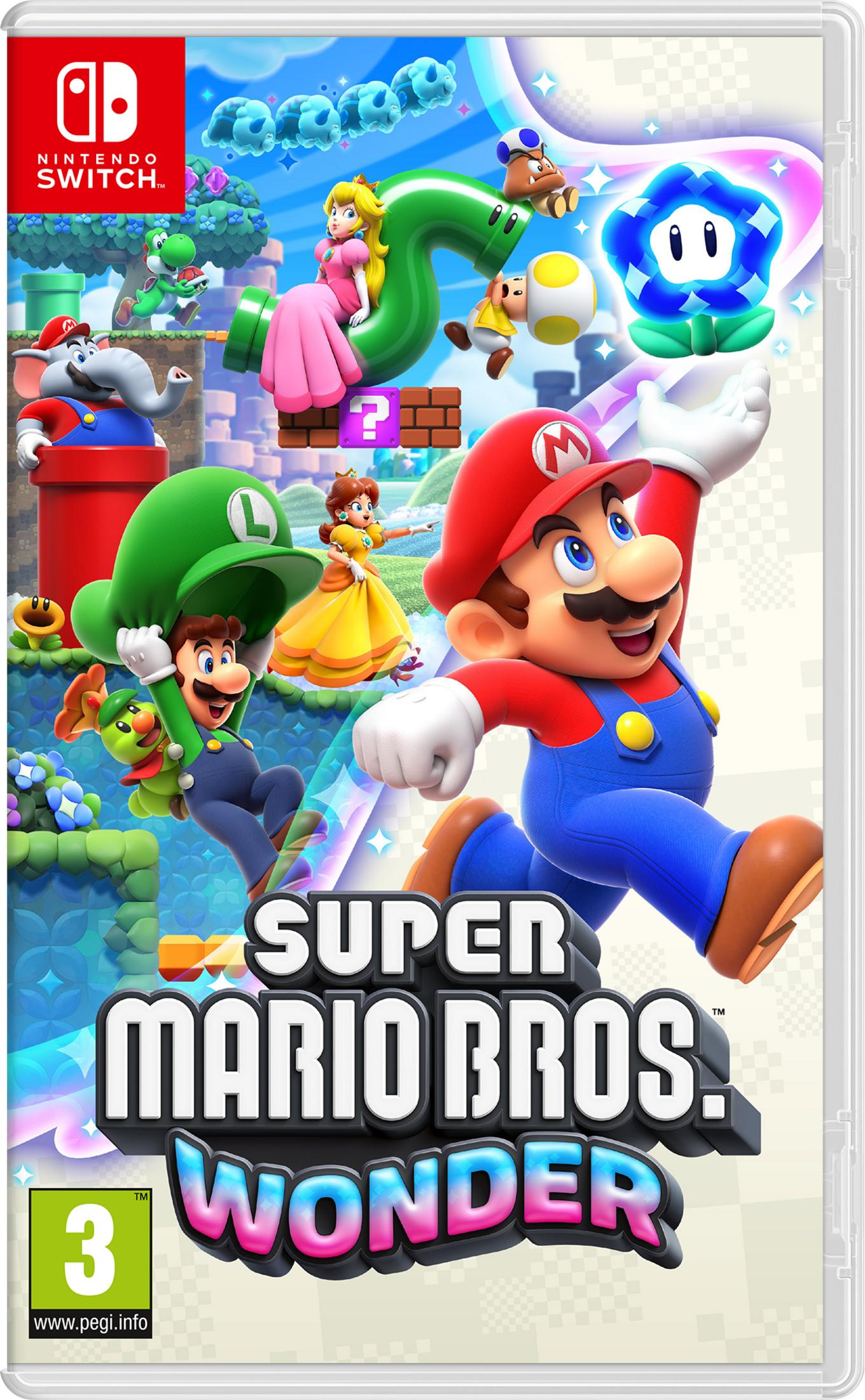 Mario, Luigi, Peach, Daisy, Yoshi e un Toad elefante corrono in un mondo colorato.