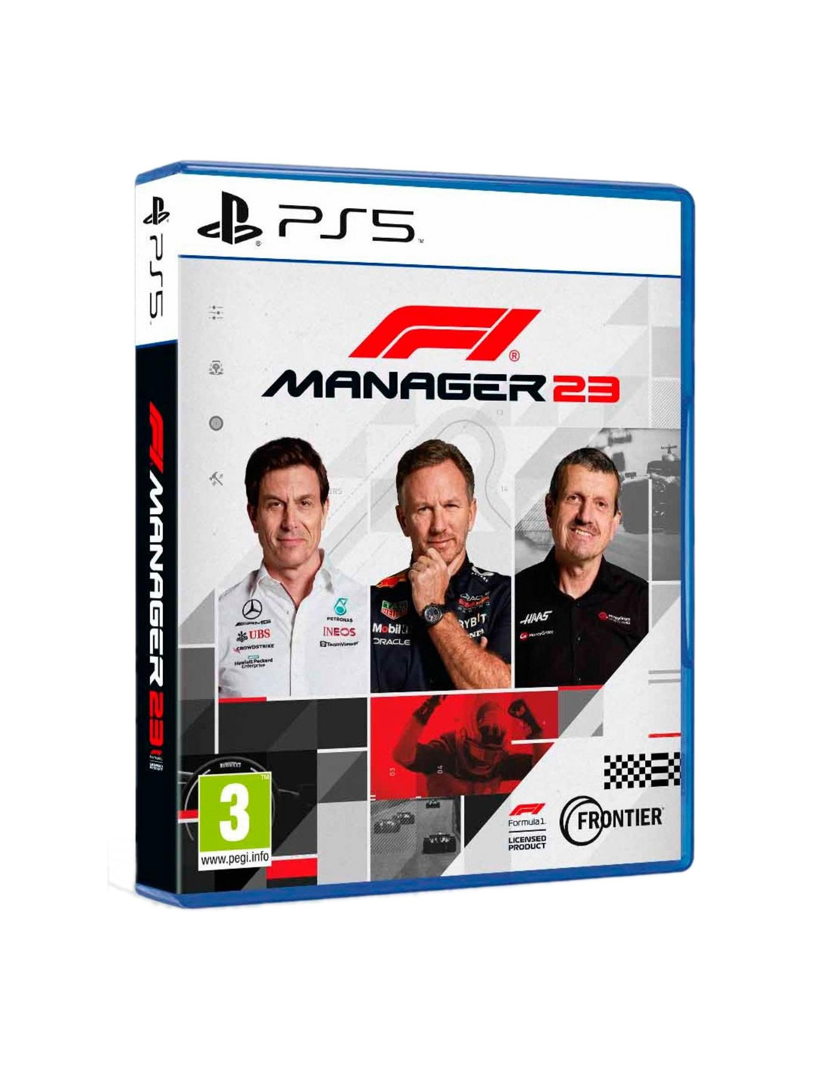Custodia del gioco F1 Manager 23 per PS5 con tre uomini e grafica circuito.
