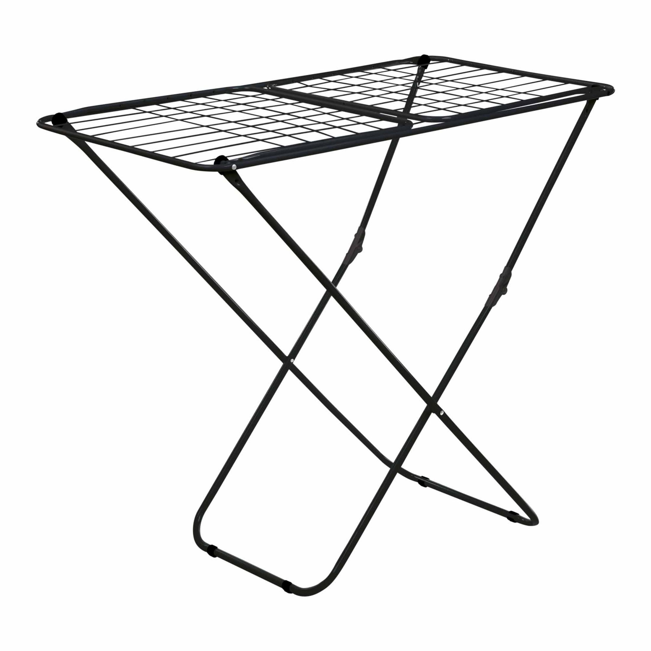 Un tendedero plegable de metal negro con estructura de rejilla.
