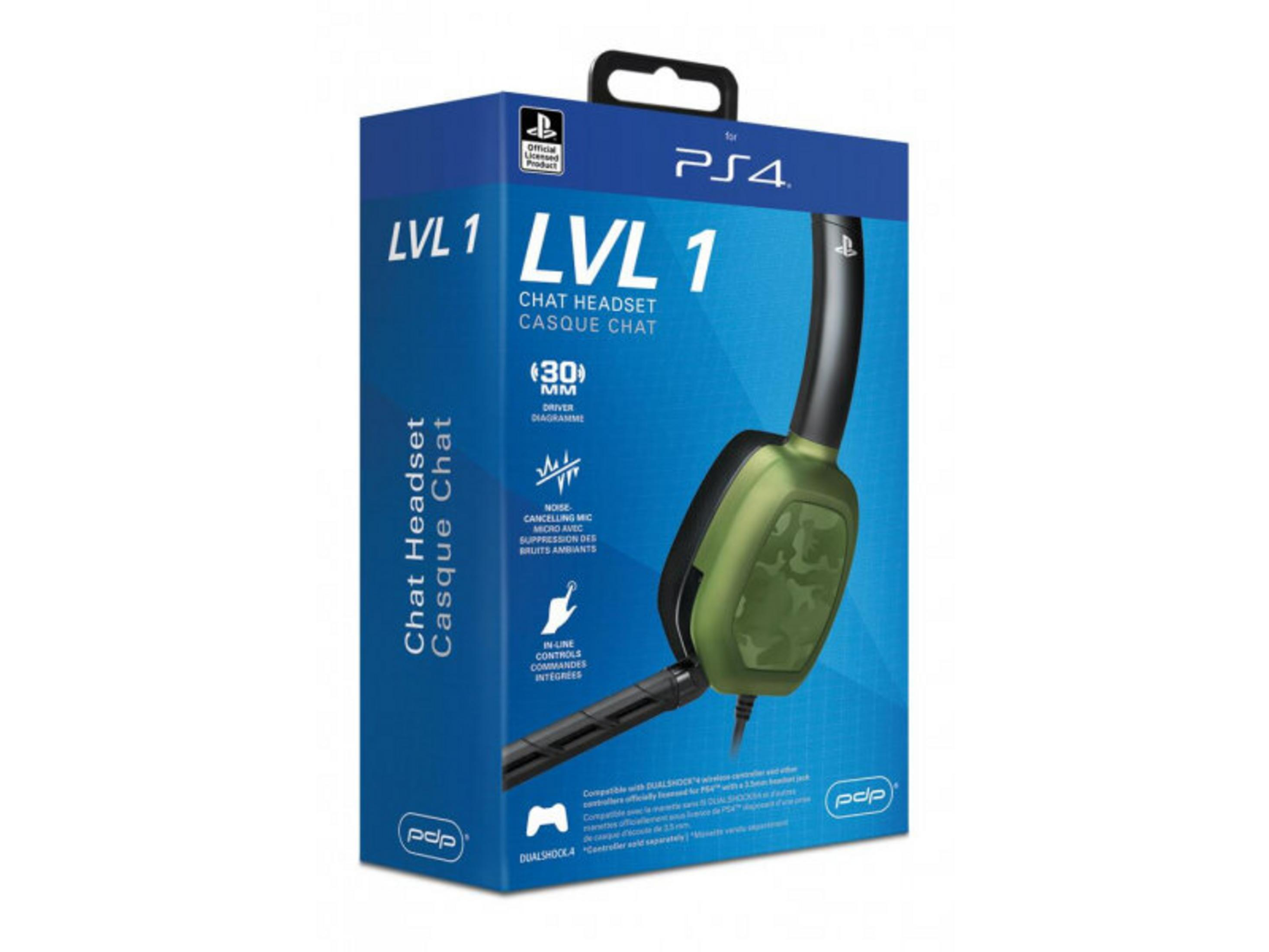 Zielone pudełko zestawu słuchawkowego PS4 LVL 1 z nausznikami w kamuflażu.