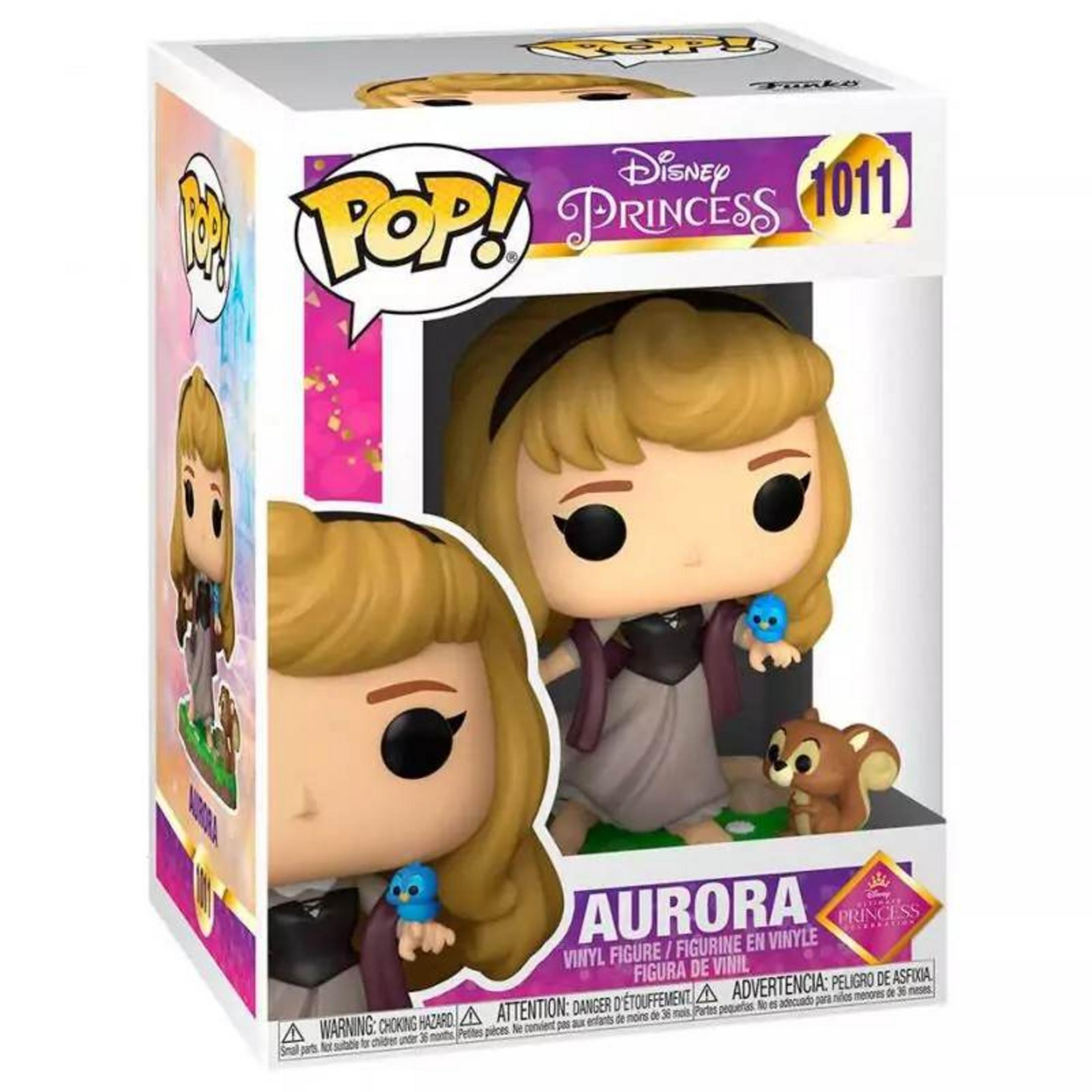 Figura Funko Pop Aurora con uccello e scoiattolo in scatola.
