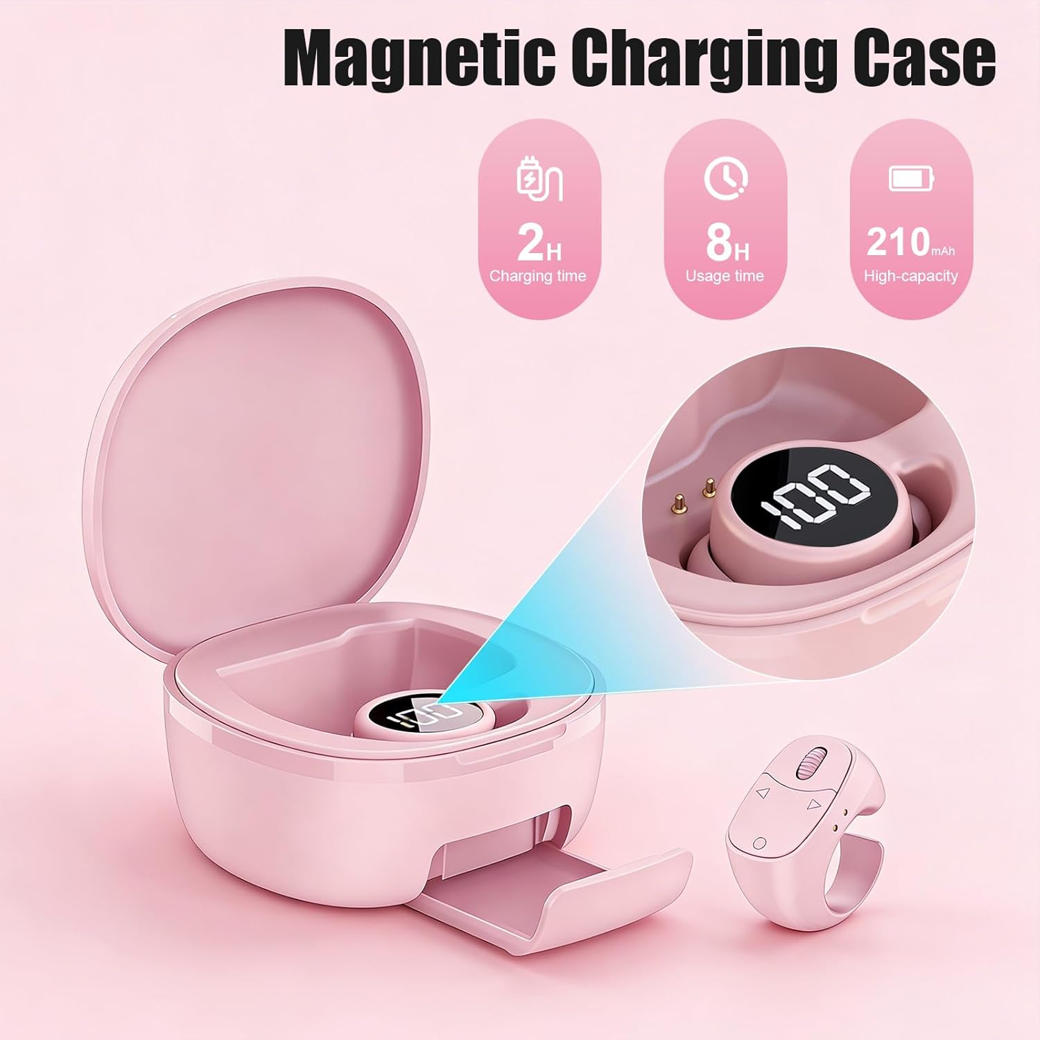 Rosa magnetische Ladehülle mit Ohrhörern. Zeigt 2H Ladezeit, 8H Nutzungsdauer, 210mAh Kapazität.