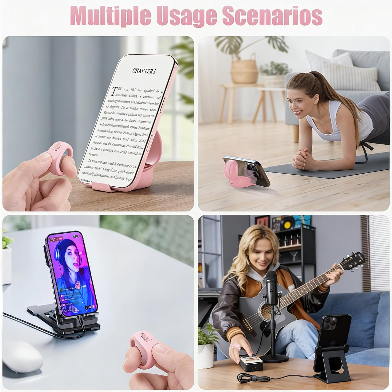 Collage zeigt vier Nutzungsszenarien für ein Handy-Zubehör.