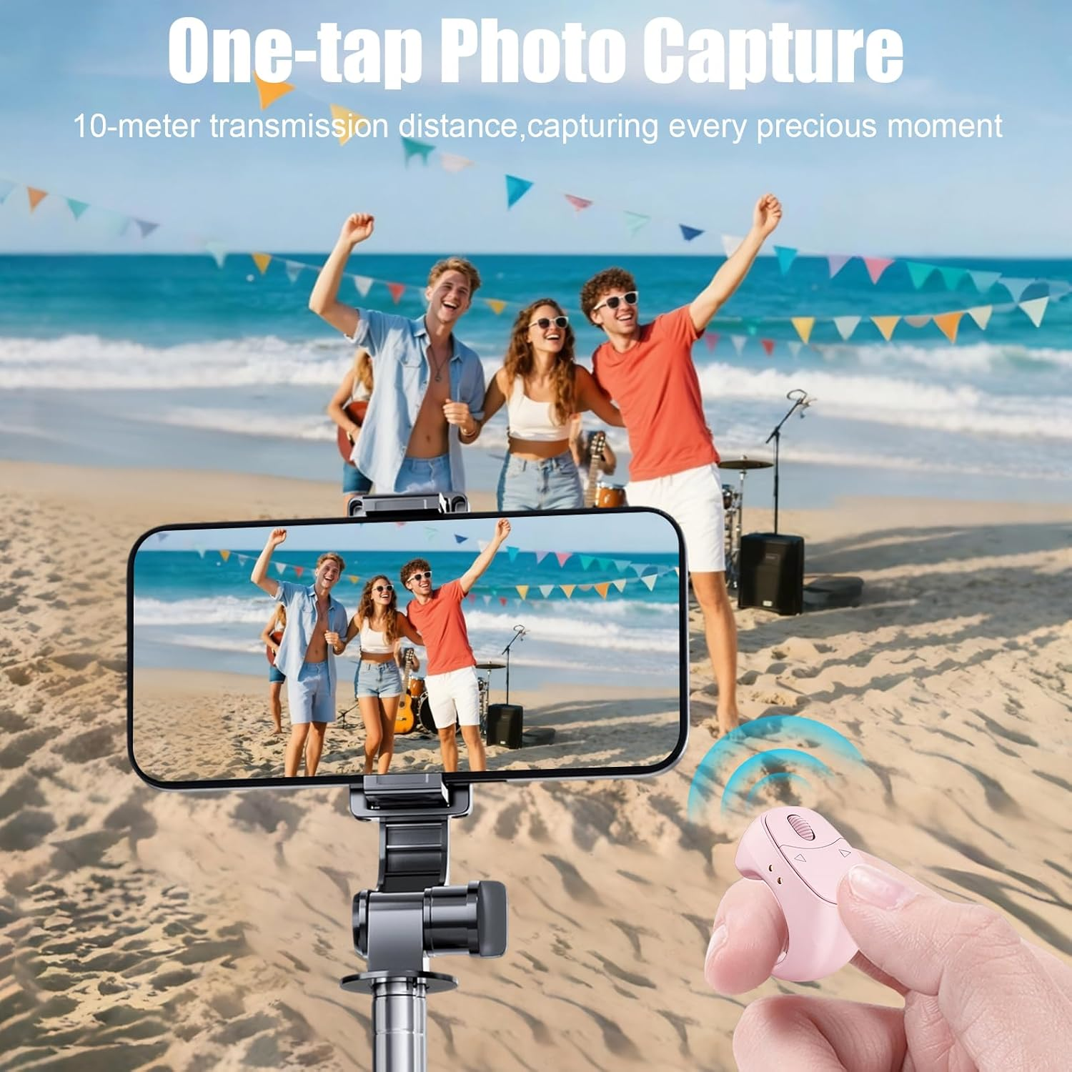 Freunde am Strand, die ein Selfie machen, mit einem Fernauslöser.