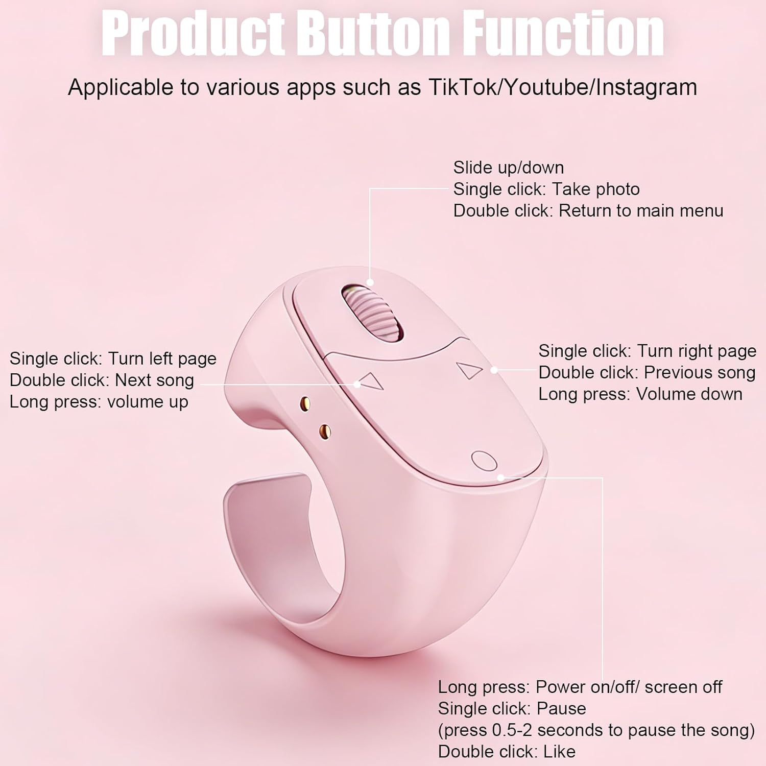 Pinker ringförmiger Gerät mit Tasten, zeigt Produktfunktion für Apps.