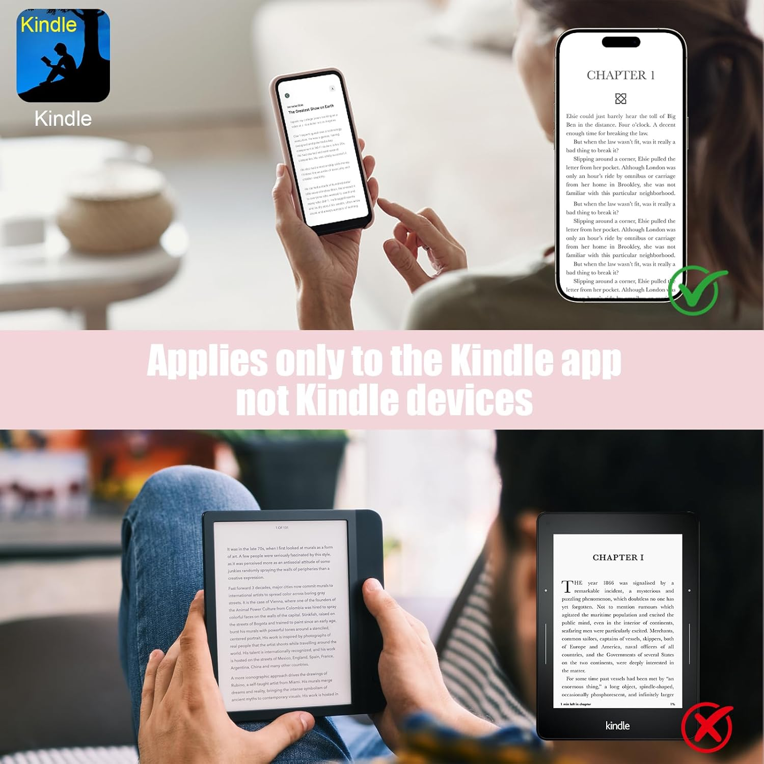 Kindle-App-Logo und Handy mit Buchtext. Unten: E-Reader in Händen.