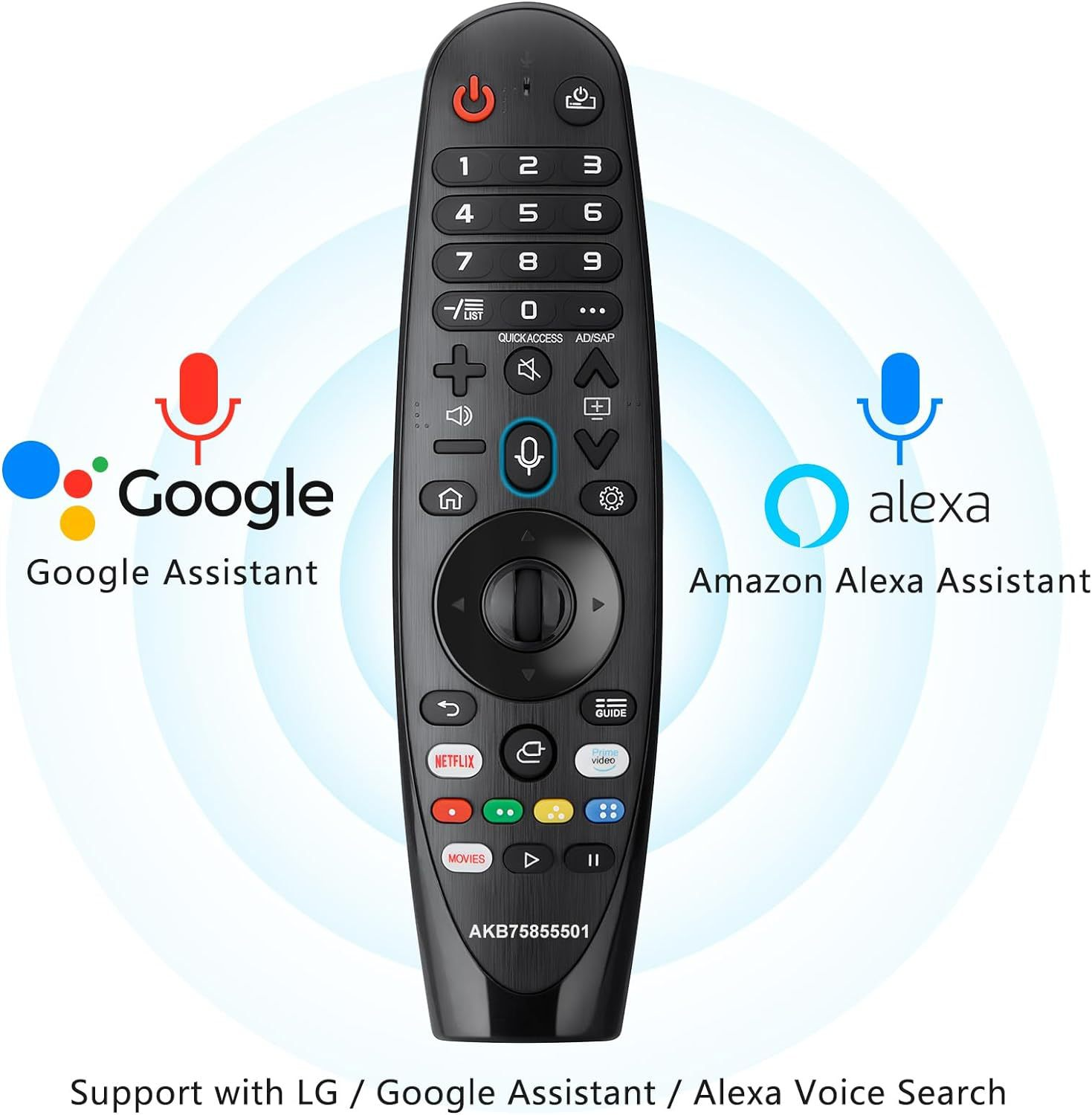 Schwarze LG Fernbedienung mit Google und Alexa Logos. Tasten für Apps.