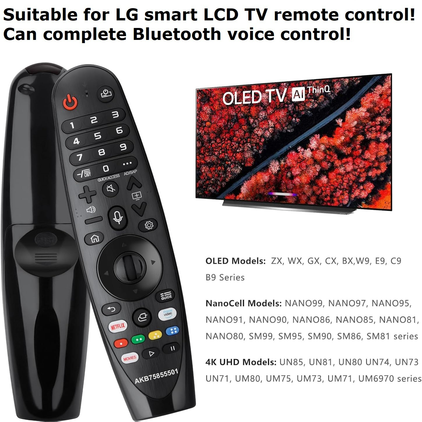 LG Fernbedienung und OLED-Fernseher mit roten Bäumen.