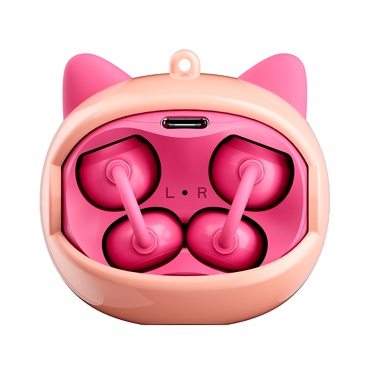 Ein rosa Katzen-Ohrhörer-Etui mitüberzug. Es hat einen USB-C-Anschluss.
