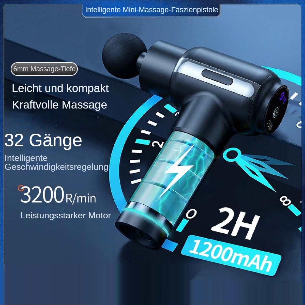 Schwarze Massagepistole mit 32 Gängen, 3200 U/min und 1200mAh Akku.