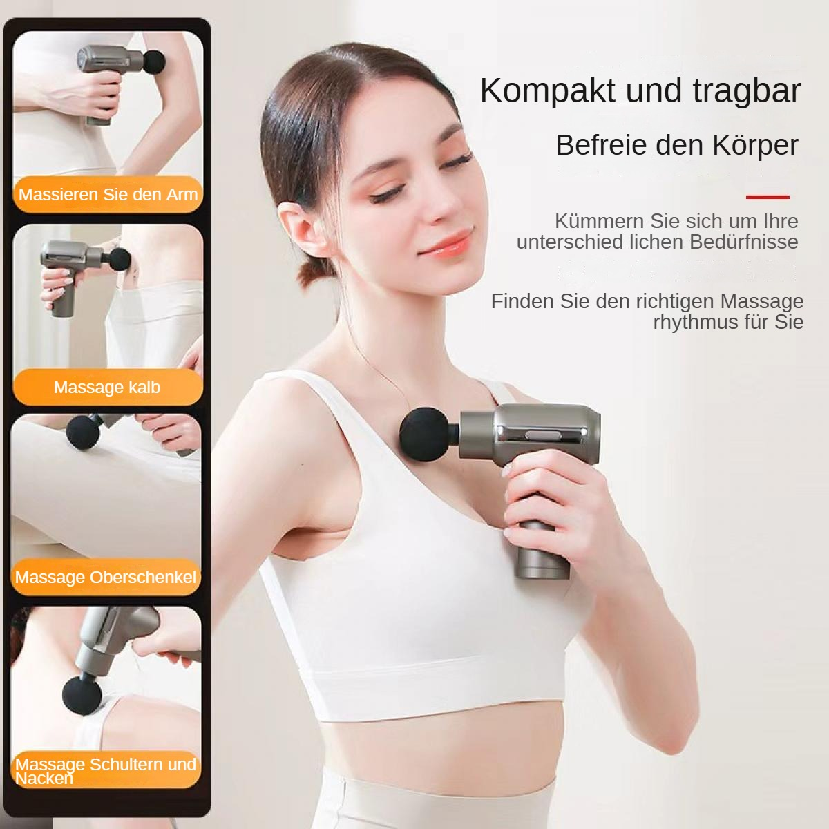 Frau mit Massagepistole für Arm, Wade, Oberschenkel, Schulter und Nacken.
