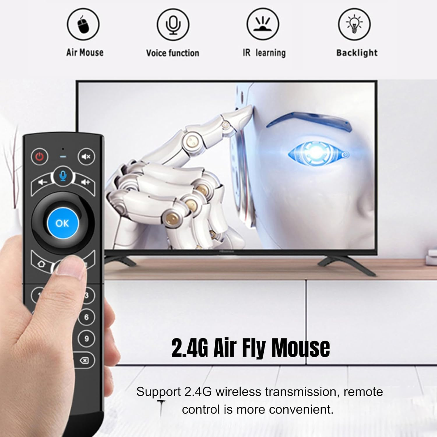 Hand hält Fernbedienung vor Fernseher mit Roboterauge auf dem Bildschirm.