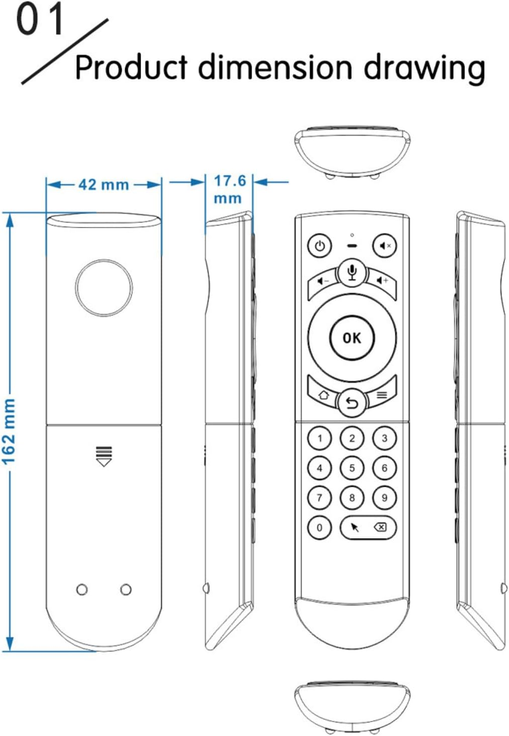 Technische Zeichnung eines Remote-Steuerelements mit Maßen.