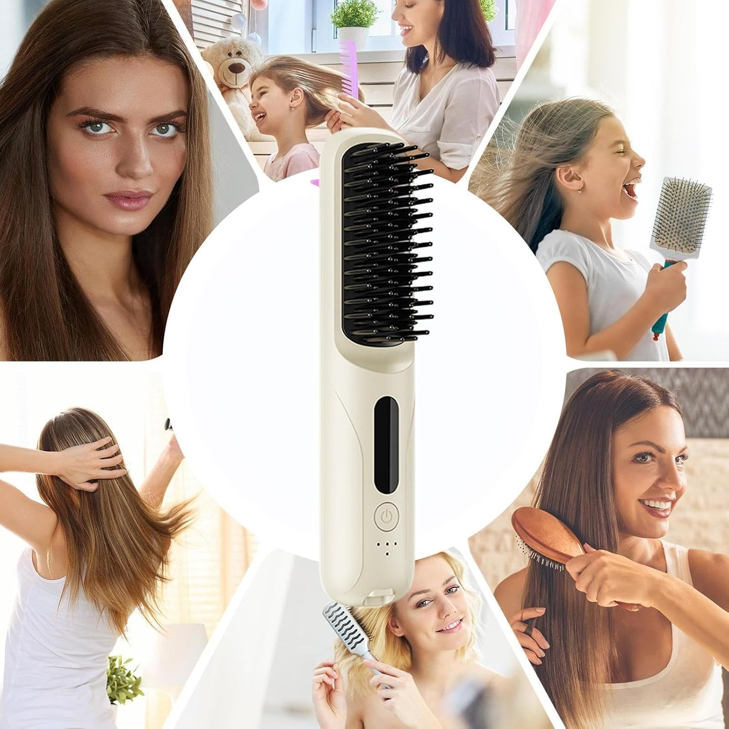 Ein elektrischer Kamm wird gezeigt, umgeben von Frauen und Mädchen, die ihre Haare bürsten.