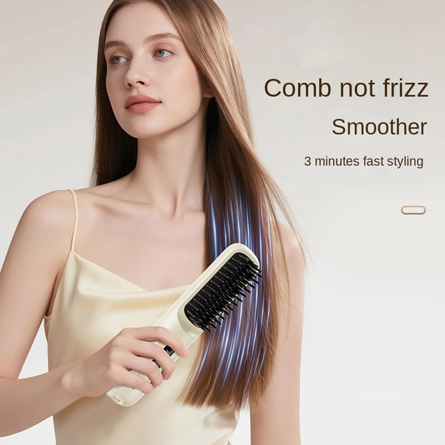 Frau mit Glättebürste und glattem Haar, Text: Kamm nicht kraus, Glätter, 3 Min. Styling.
