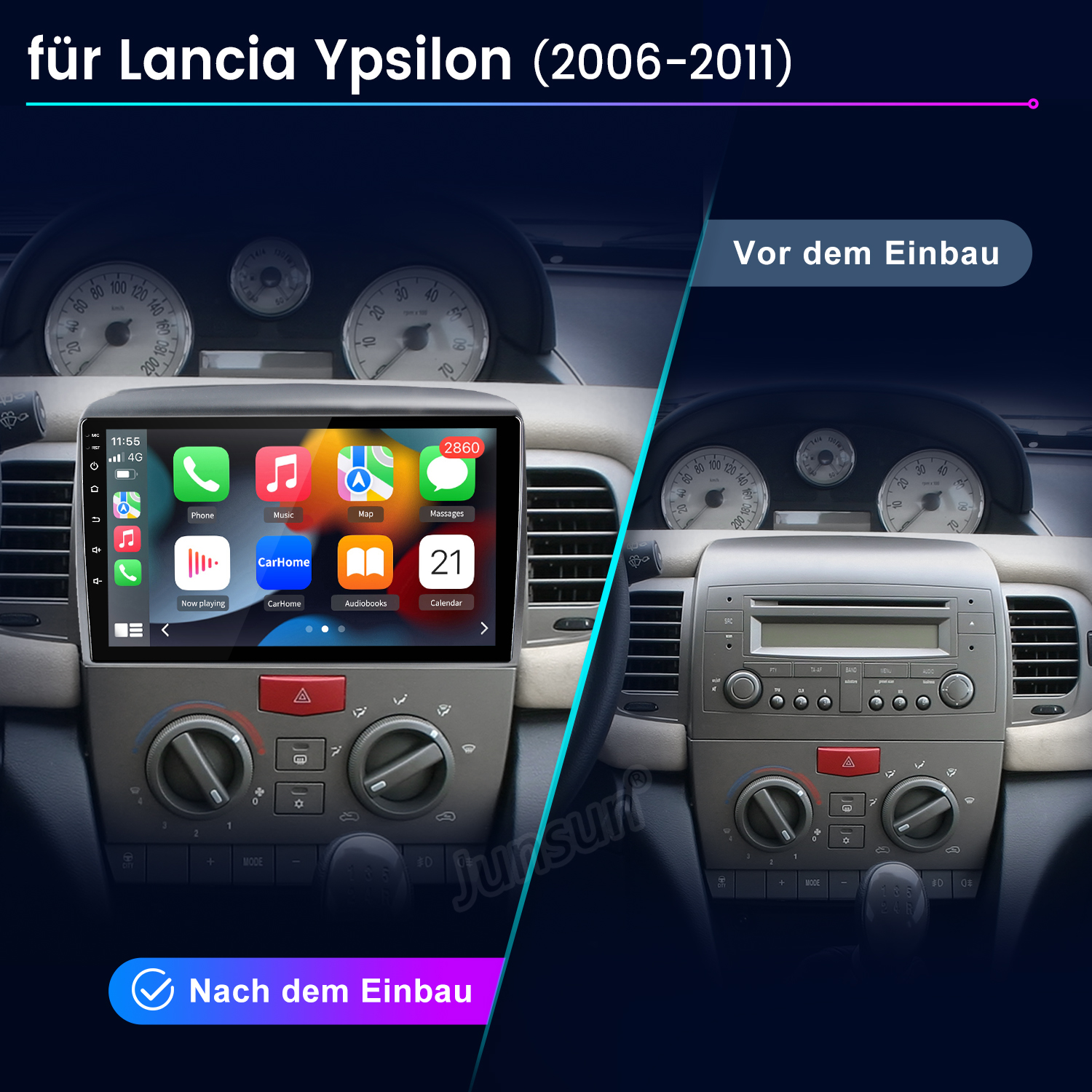 Vorher/Nachher-Vergleich eines Autoradios für Lancia Ypsilon, 2006-2011.