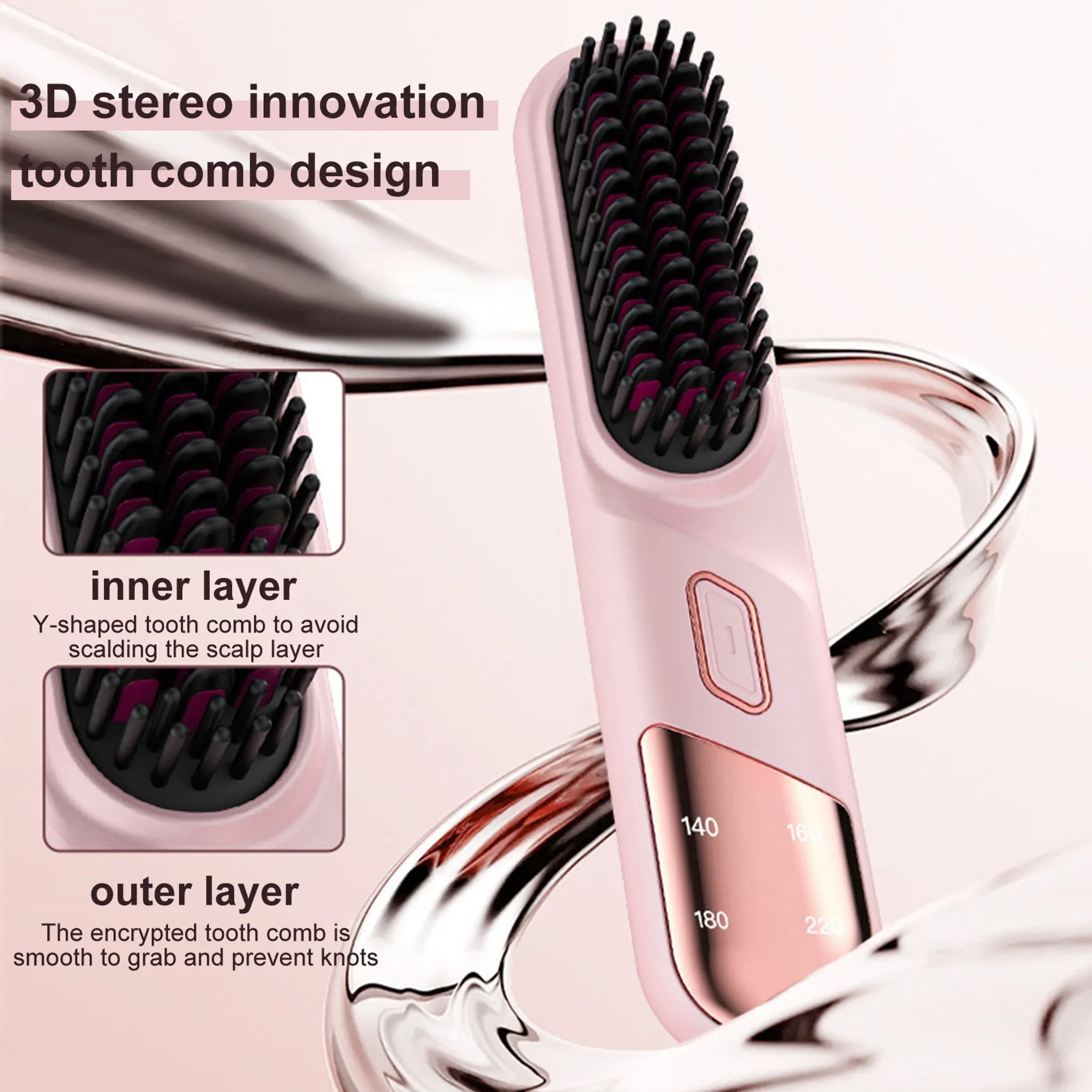 Ein rosafarbener Haarstrehler mit schwarzem Kamm für glattes Haar.