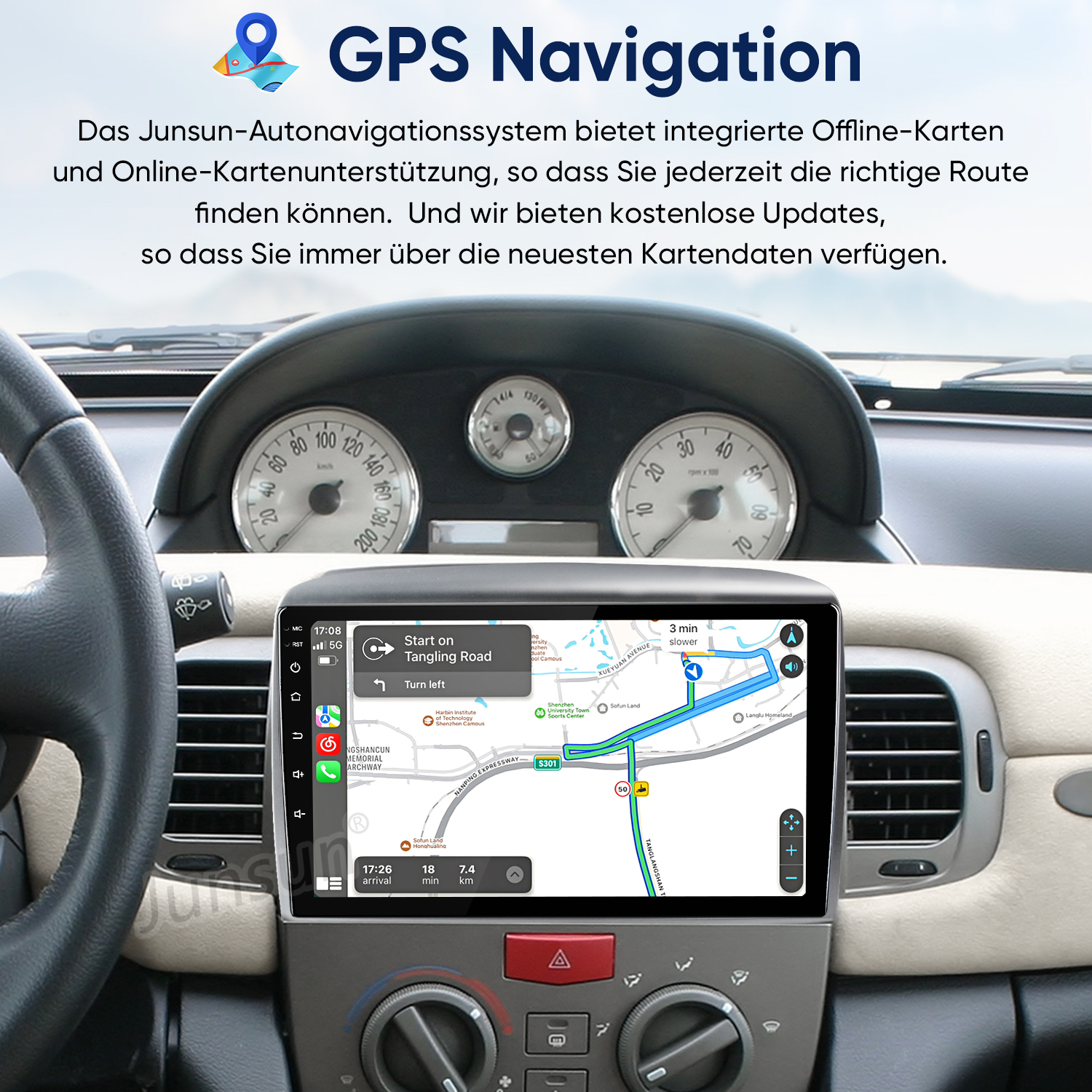 Armaturenbrett mit Navigationssystem, das eine Karte anzeigt.