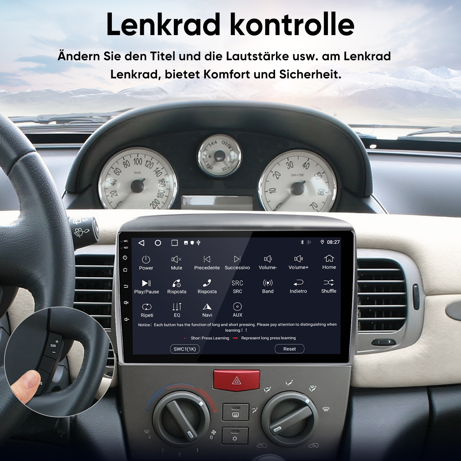 Bild von einem Auto-Innenraum mit Lenkrad und Touchscreen-Display.
