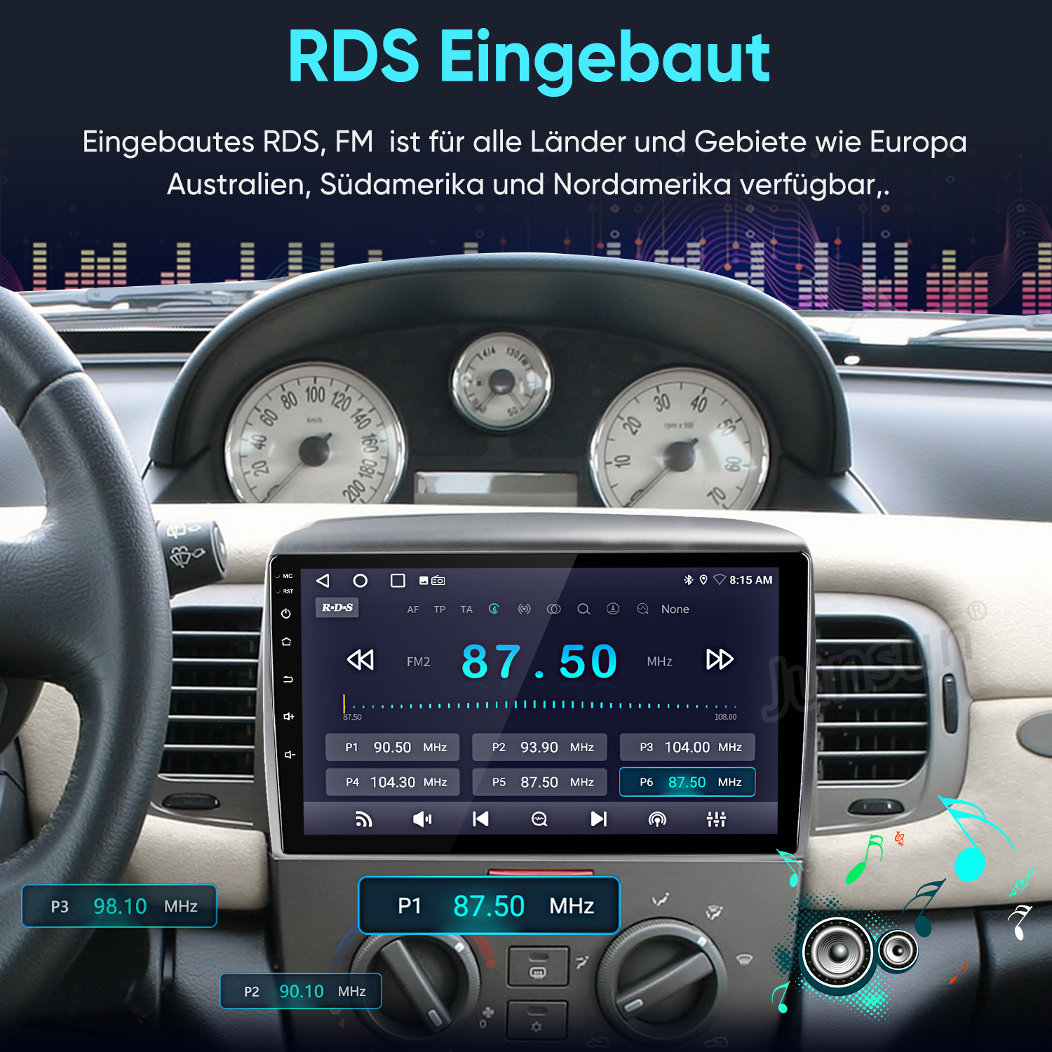 Modernes Autoradio mit Touchscreen-Display zeigt RDS-Informationen und FM-Radio an.