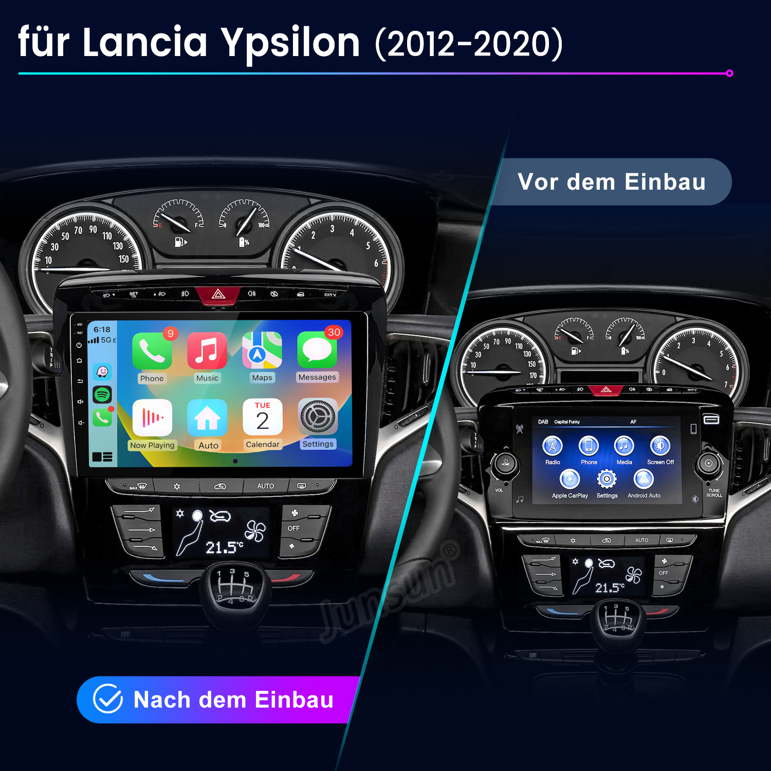 Lancia Ypsilon Armaturenbrett: Vor und nach dem Einbau eines neuen Infotainmentsystems.