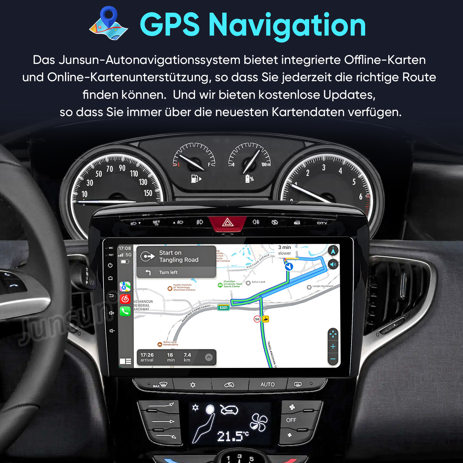 Armaturenbrett mit GPS-Navigation, Geschwindigkeitsanzeige und Touchscreen-Display.