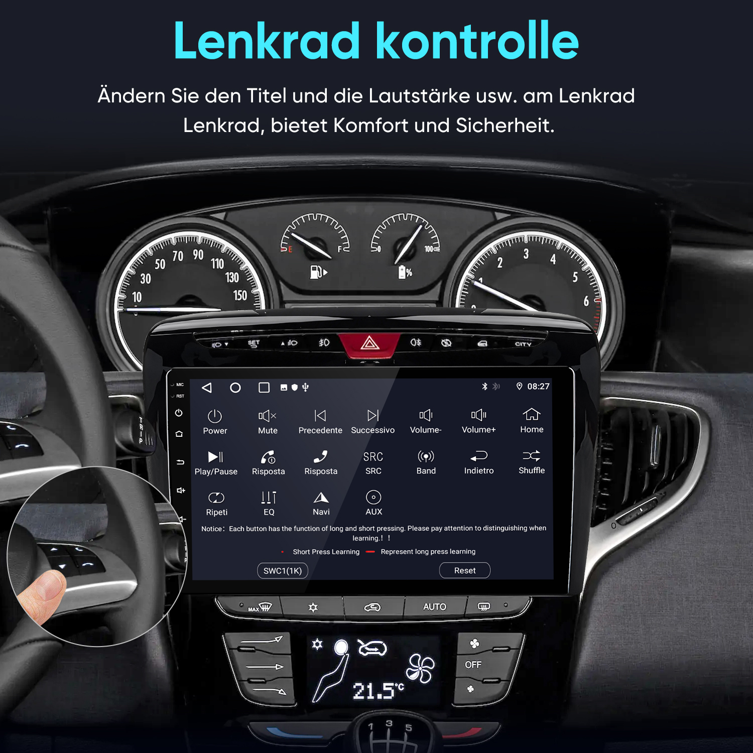 Ein Auto-Innenraum mit Armaturenbrett und Touchscreen-Display, das Steuerelemente zeigt.