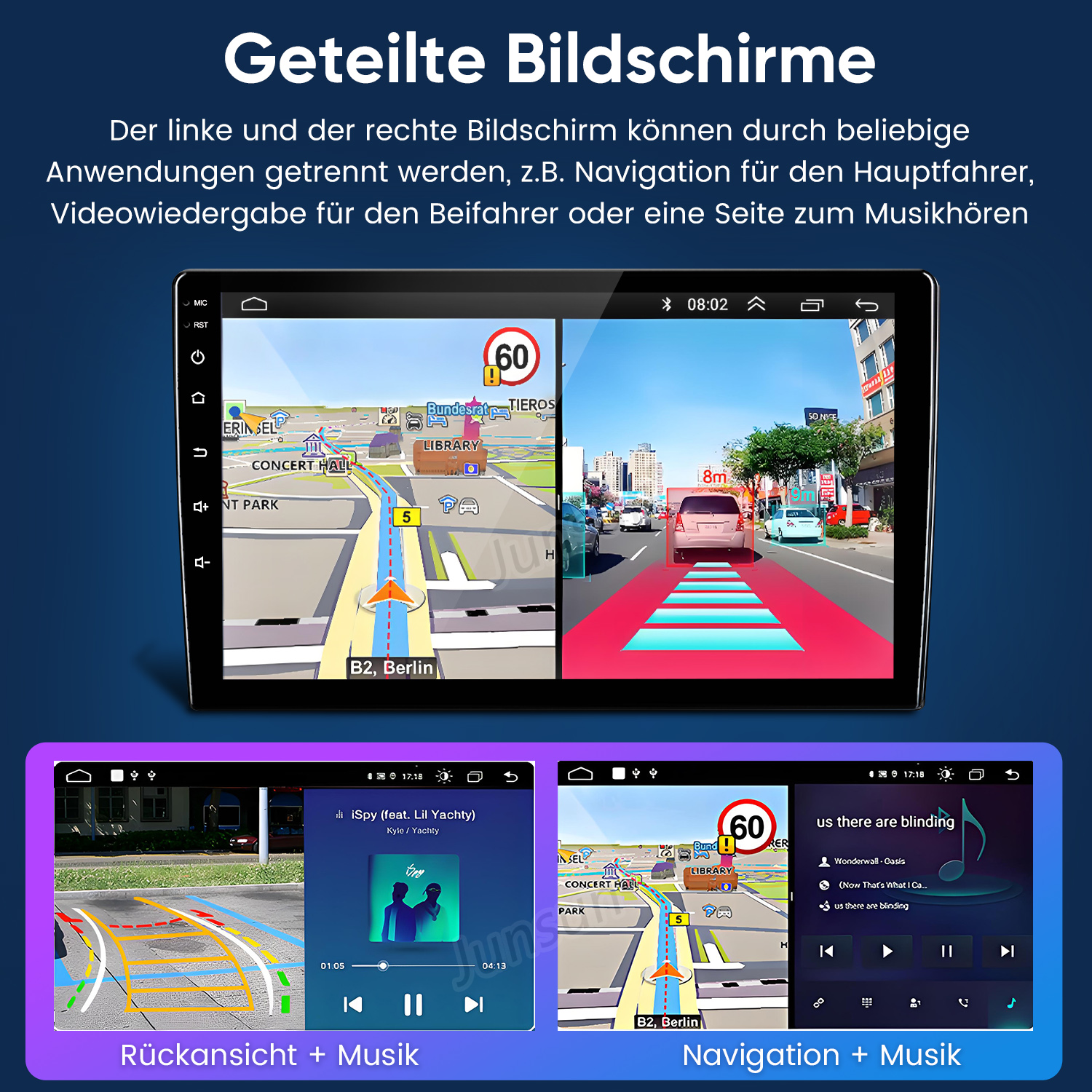 Geteilter Bildschirm mit Navigation, Verkehr und Musik-Apps.