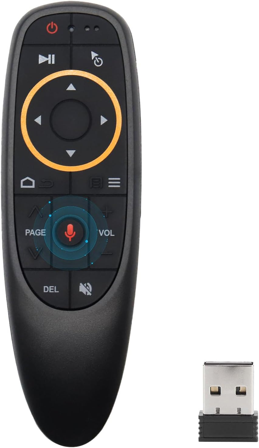 Schwarze Fernbedienung mit Navigationstasten, Mikrofon-Symbol und USB-Empfänger.