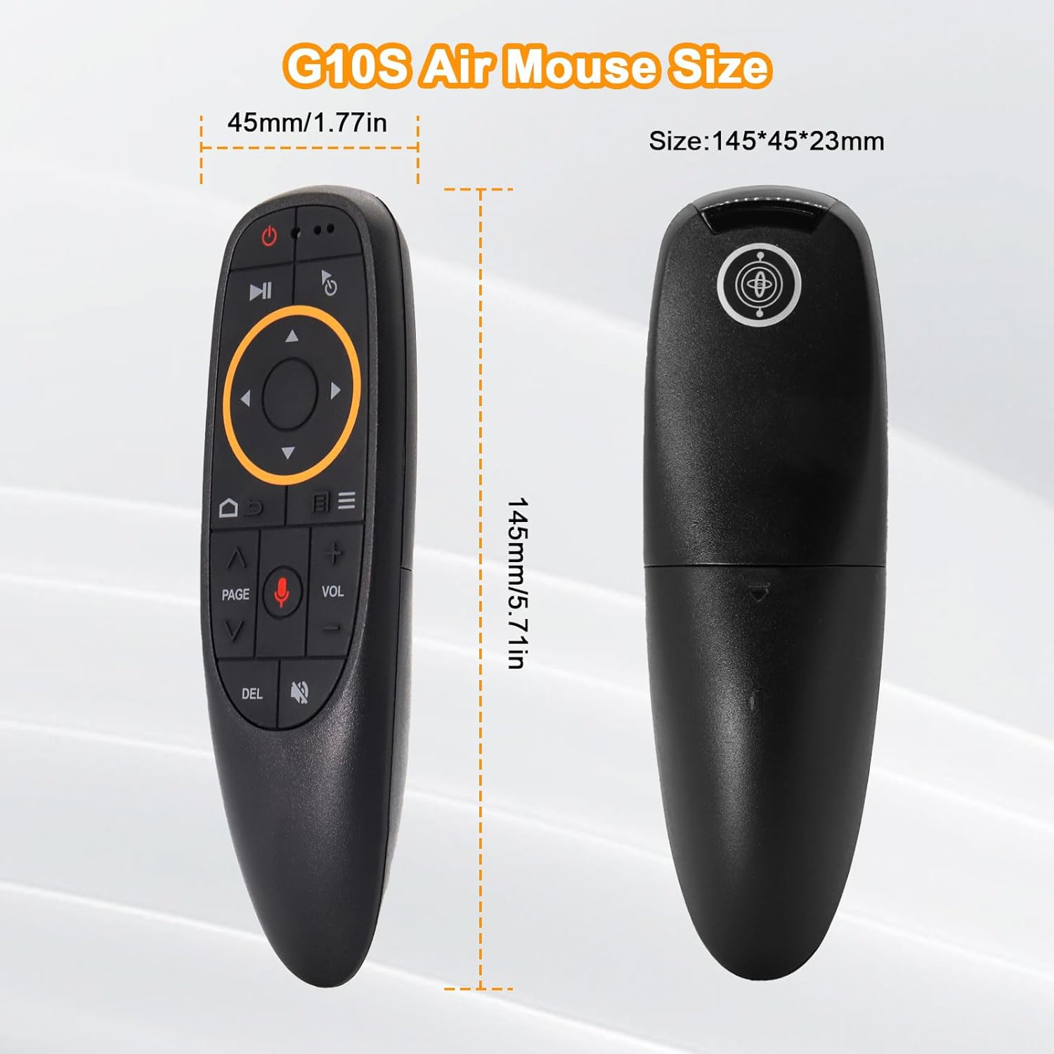 Schwarze G10S Air Mouse mit Navigationstasten, Lautstärke und Stromreglern.