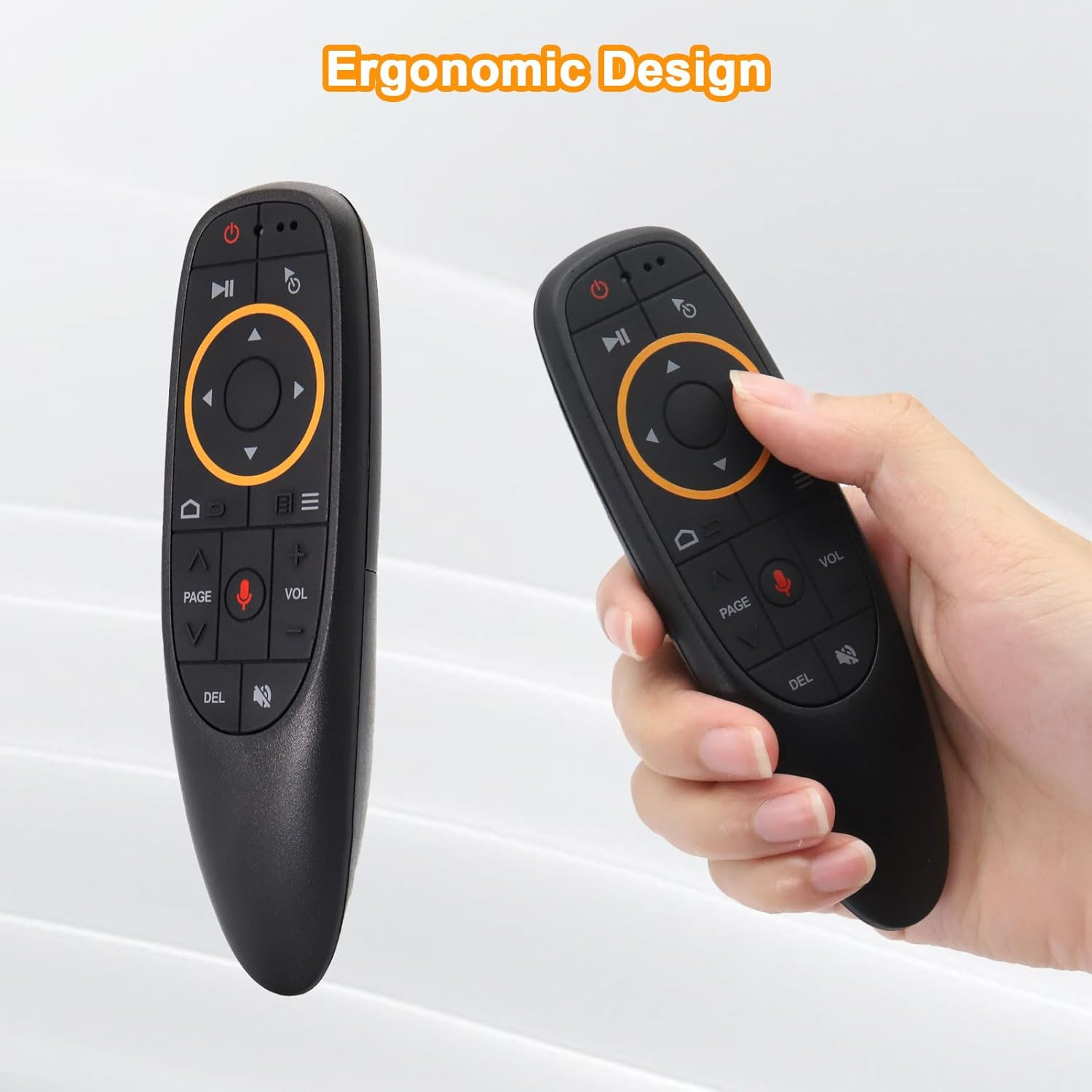 Zwei schwarze Fernbedienungen. Eine wird von einer Hand gehalten. Text: Ergonomisches Design.