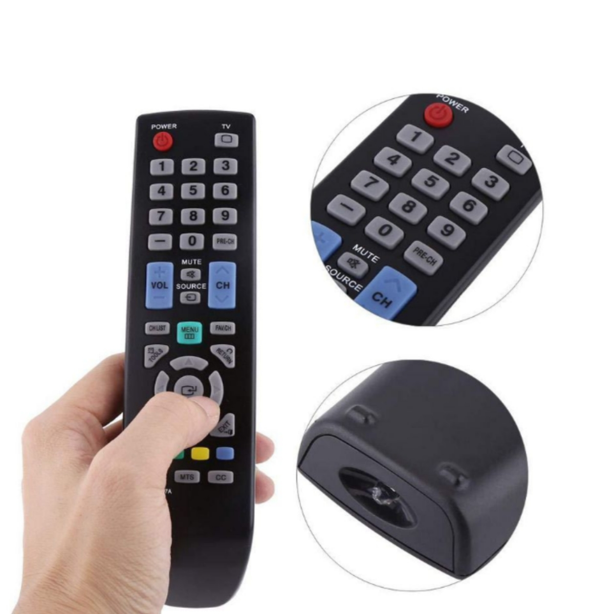 Eine Hand hält eine schwarze TV-Fernbedienung mit Tasten und Ziffern.