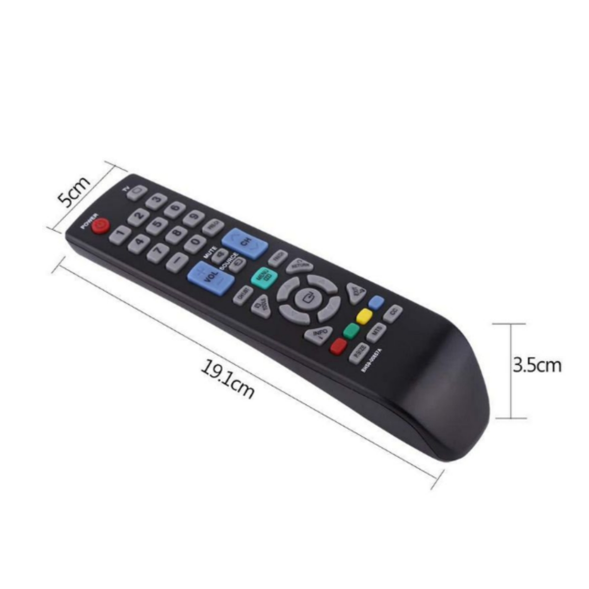 Eine schwarze TV-Fernbedienung mit den Maßen 19,1cm x 5cm x 3,5cm.