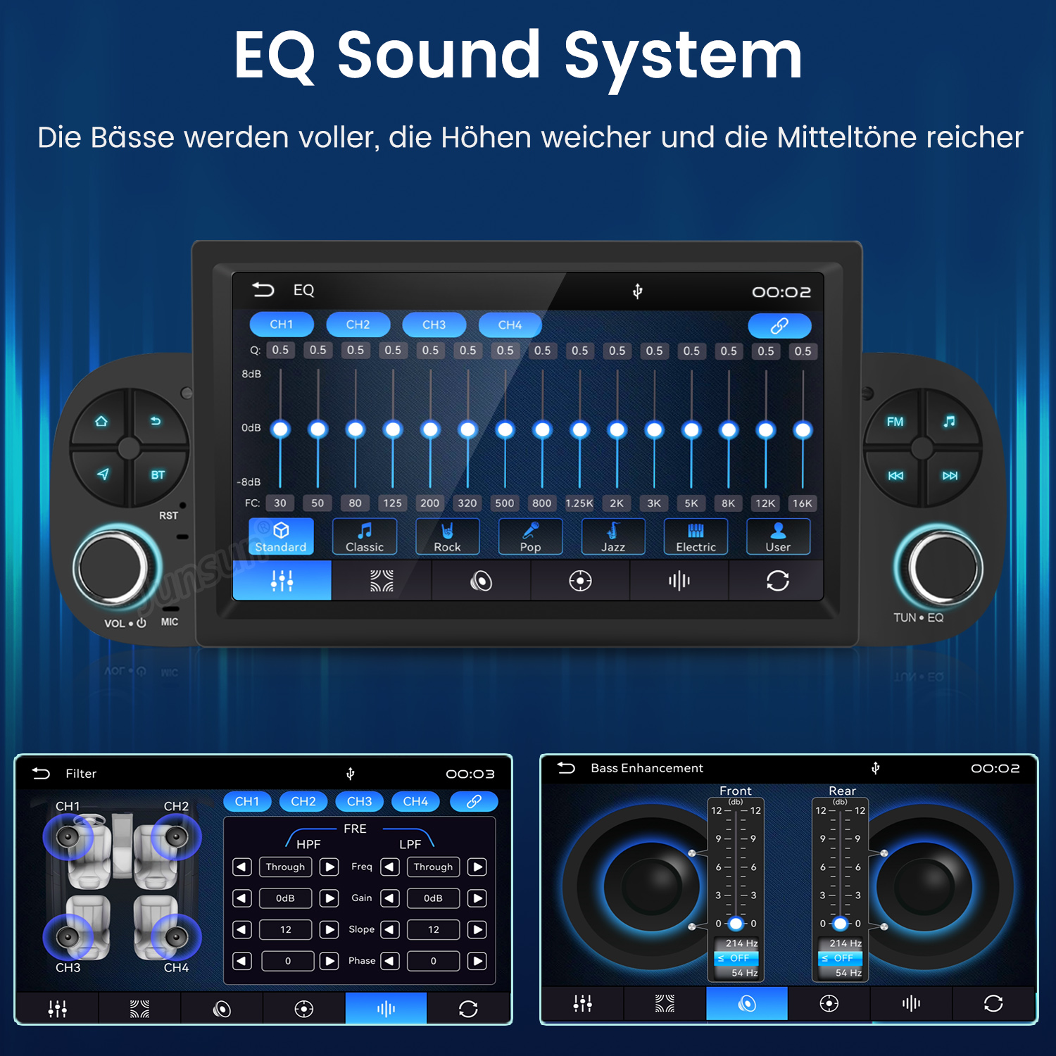 Screenshot von EQ, Filter und Bass-Einstellungen eines Audiosystems.