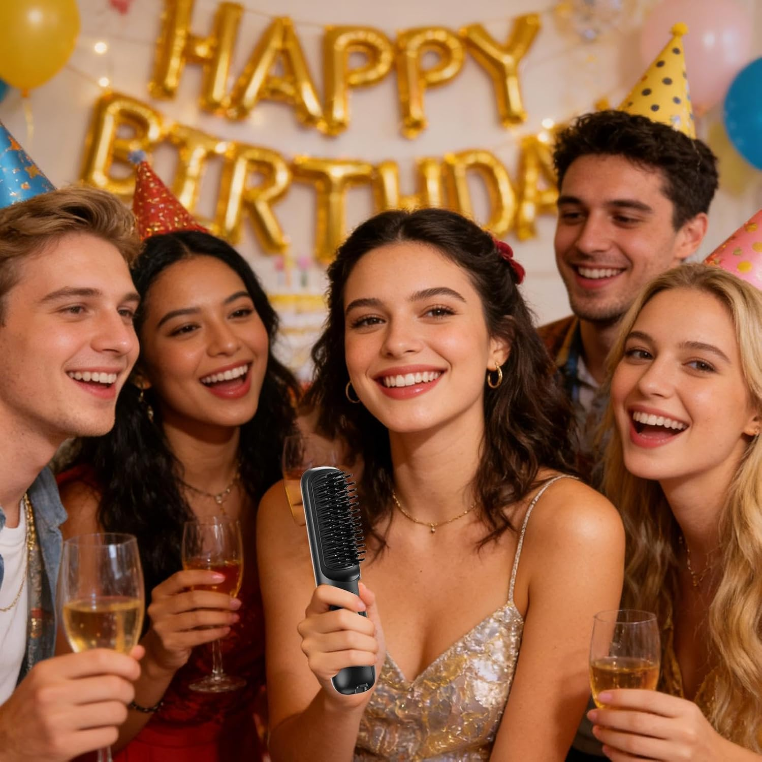 Fünf junge Leute feiern eine Geburtstagsparty mit Luftballons und Konfetti.