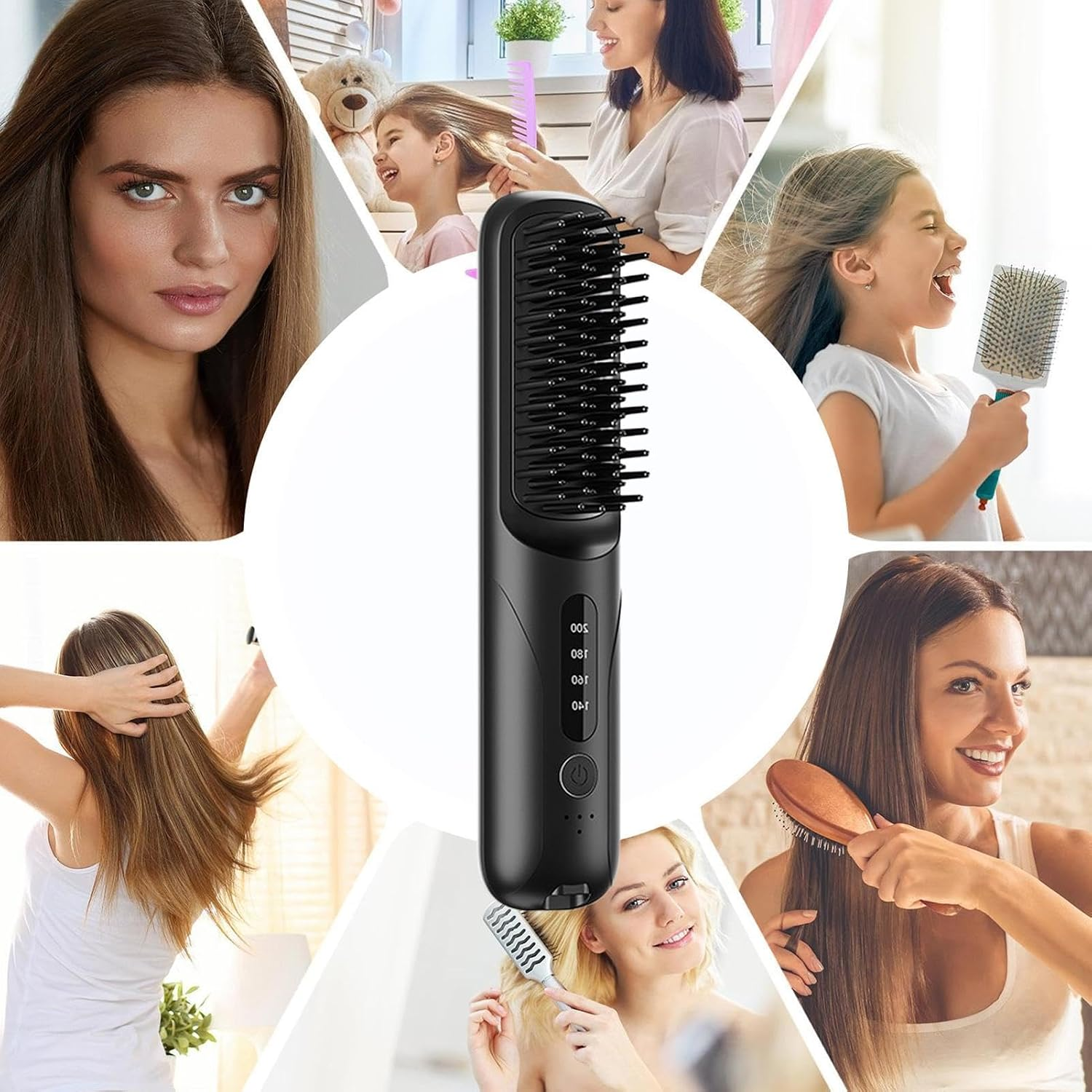 Ein schwarzes Glätteisen-Kamm-Gerät mit Frauen, die ihre Haare bürsten.