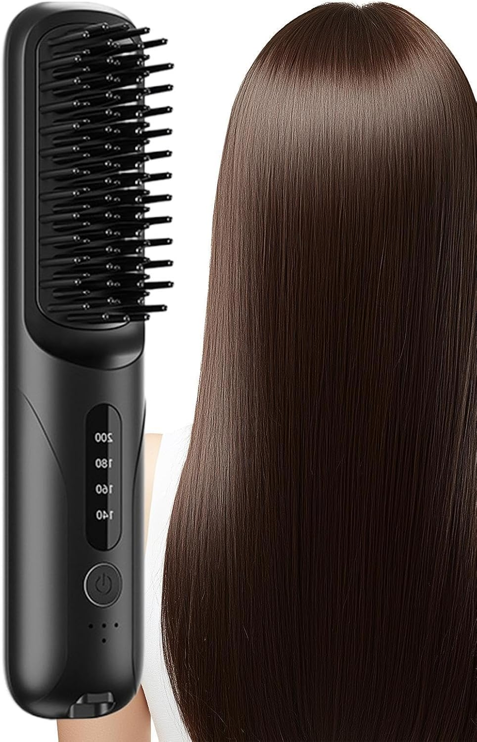 Schwarzer Glättebürstenkamm neben langen, braunen Haaren.